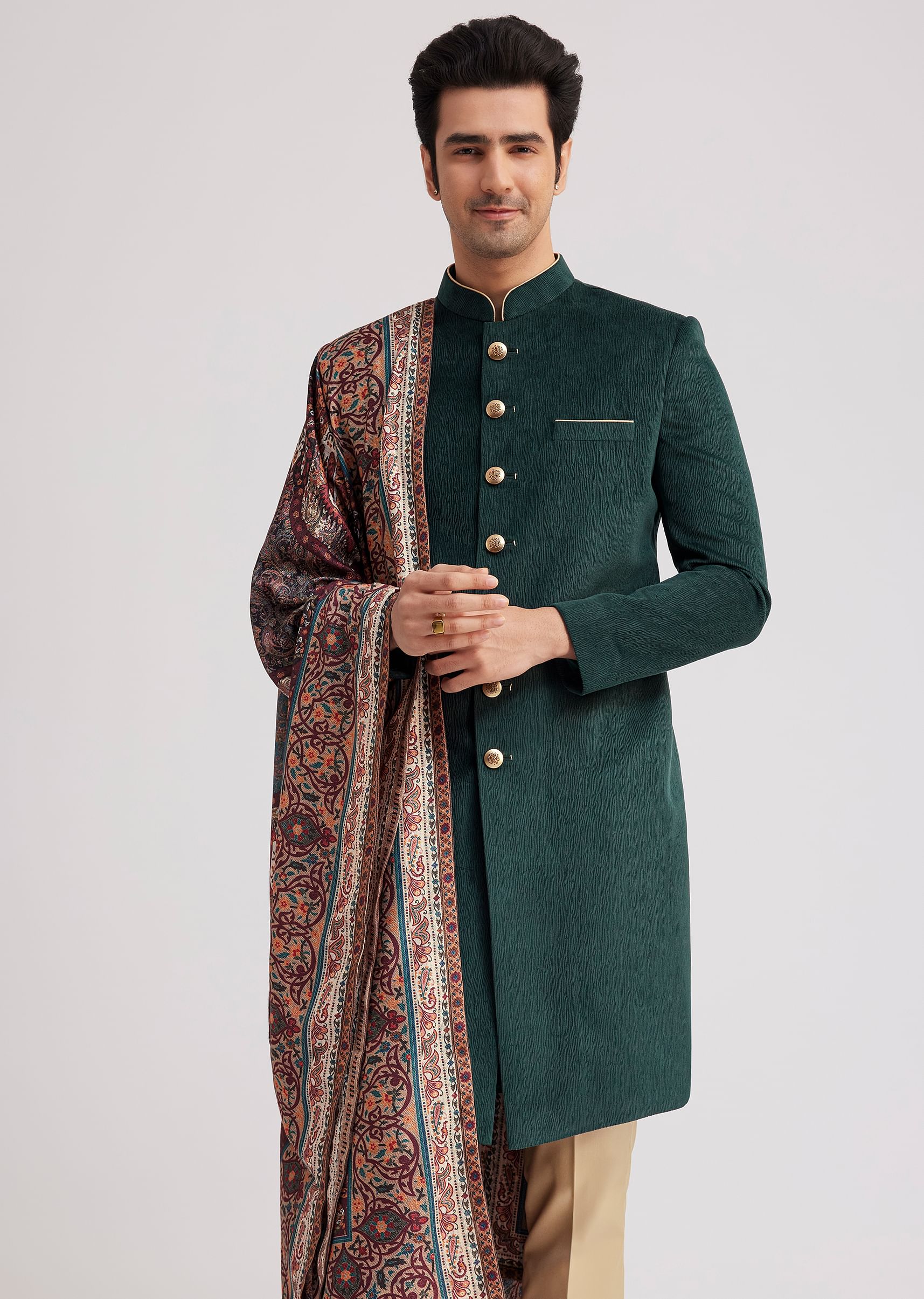 Green Velvet Nawabi Set With Printed Pashmina Dupatta - Image 4