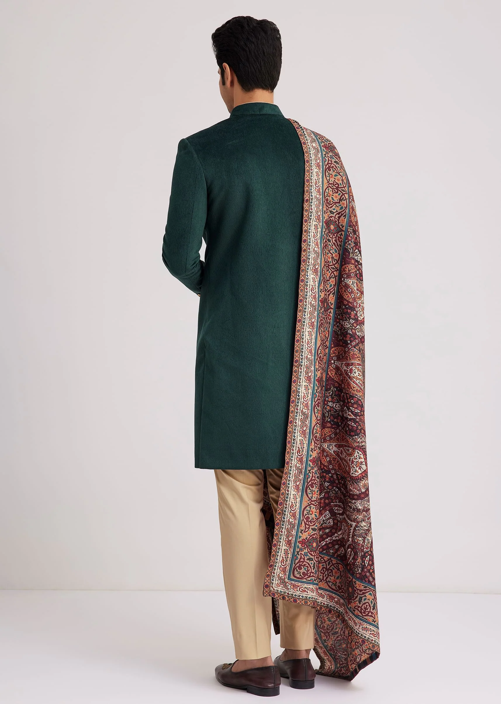 Green Velvet Nawabi Set With Printed Pashmina Dupatta - Image 5
