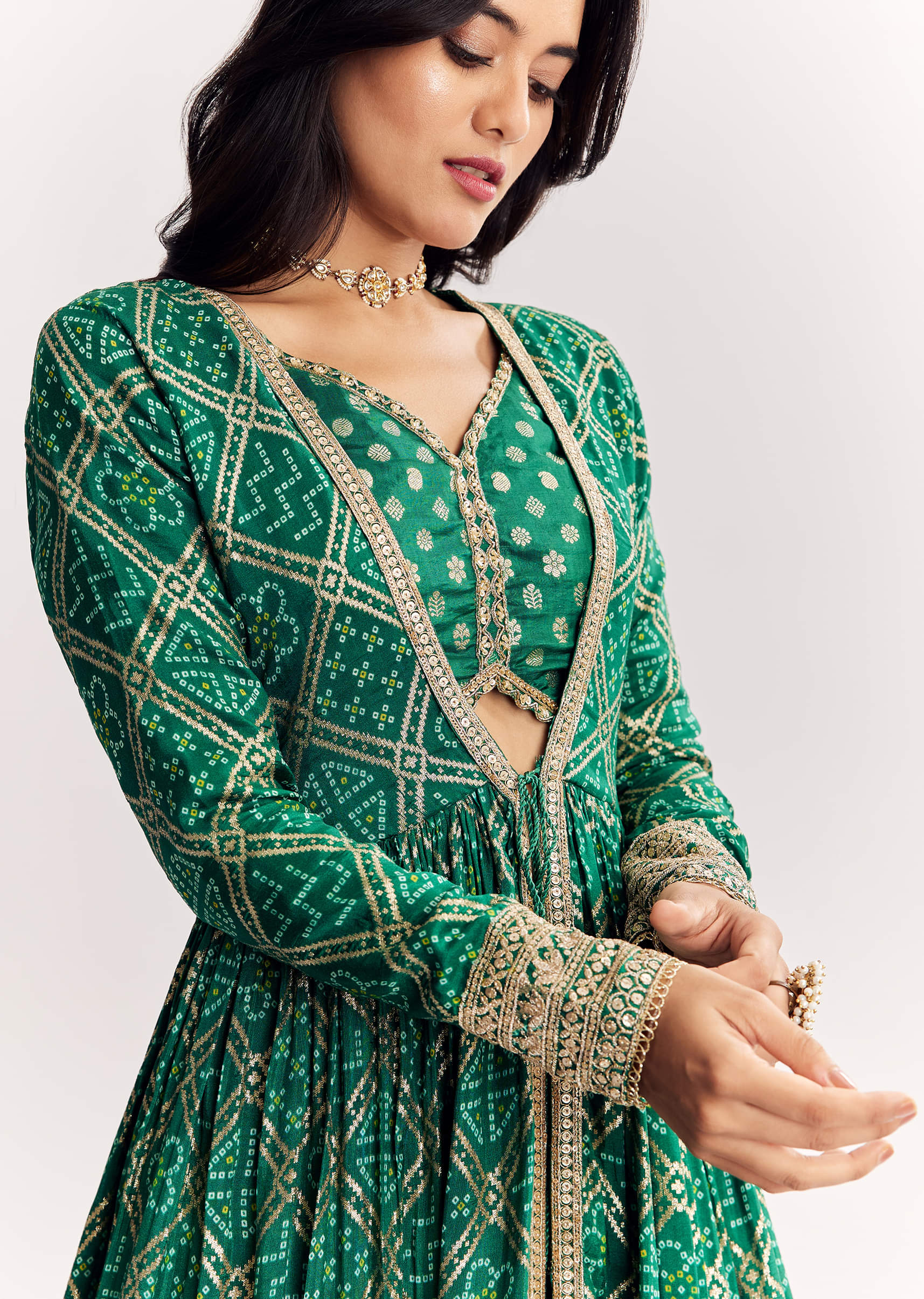 Green Weave Silk Indowestern Skirt Set With Bandhani Print Zari Work Jacket - Image 2