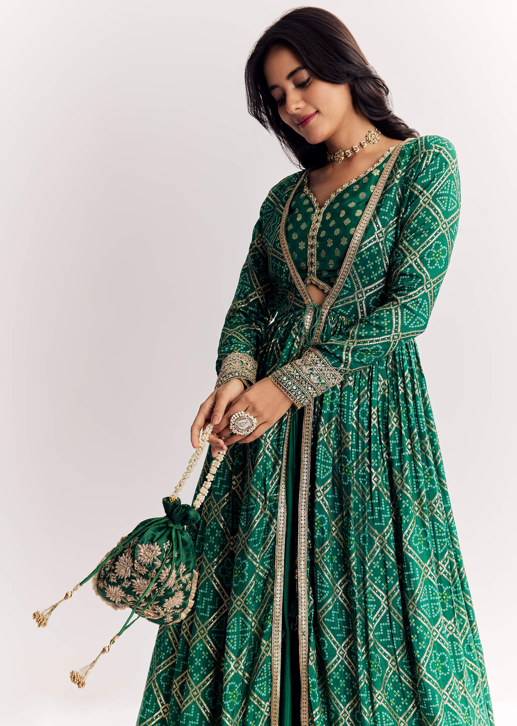 Green Weave Silk Indowestern Skirt Set With Bandhani Print Zari Work Jacket - Image 3