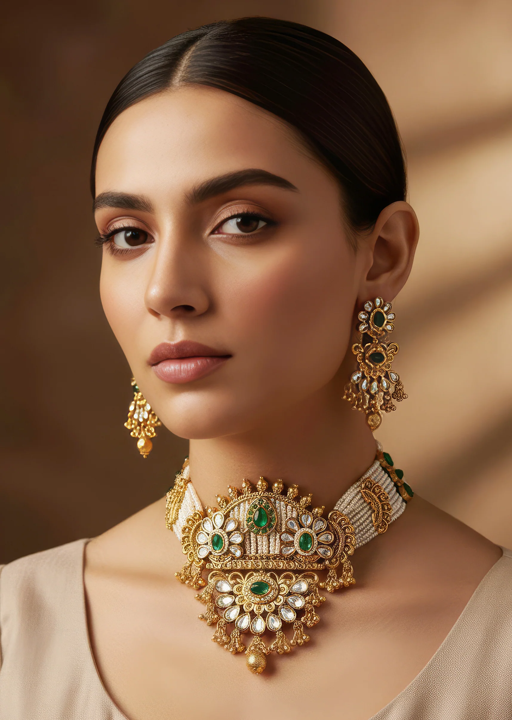 Green White Necklace Set With Refined Kundan Detail