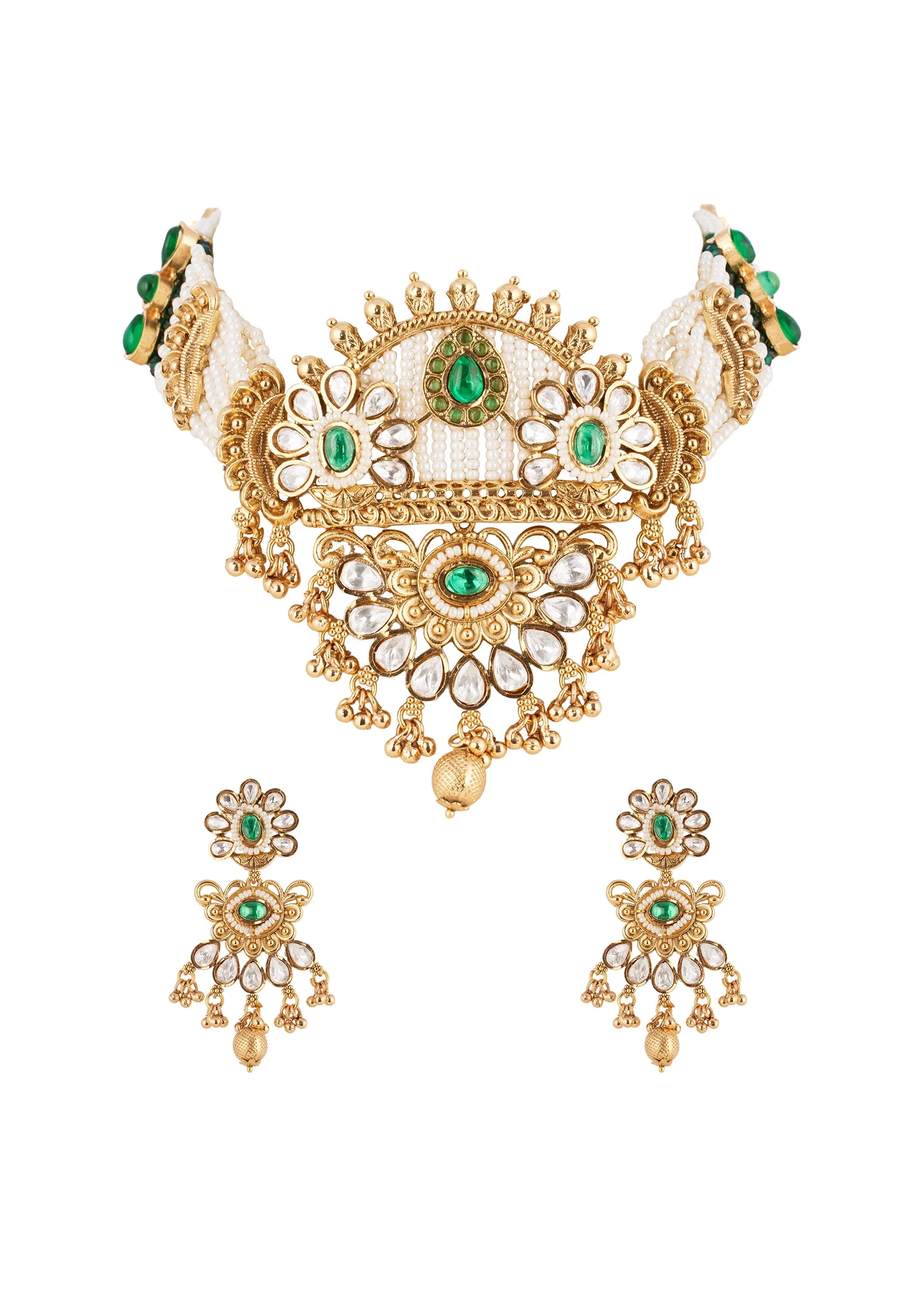 Green White Necklace Set With Refined Kundan Detail - Image 2