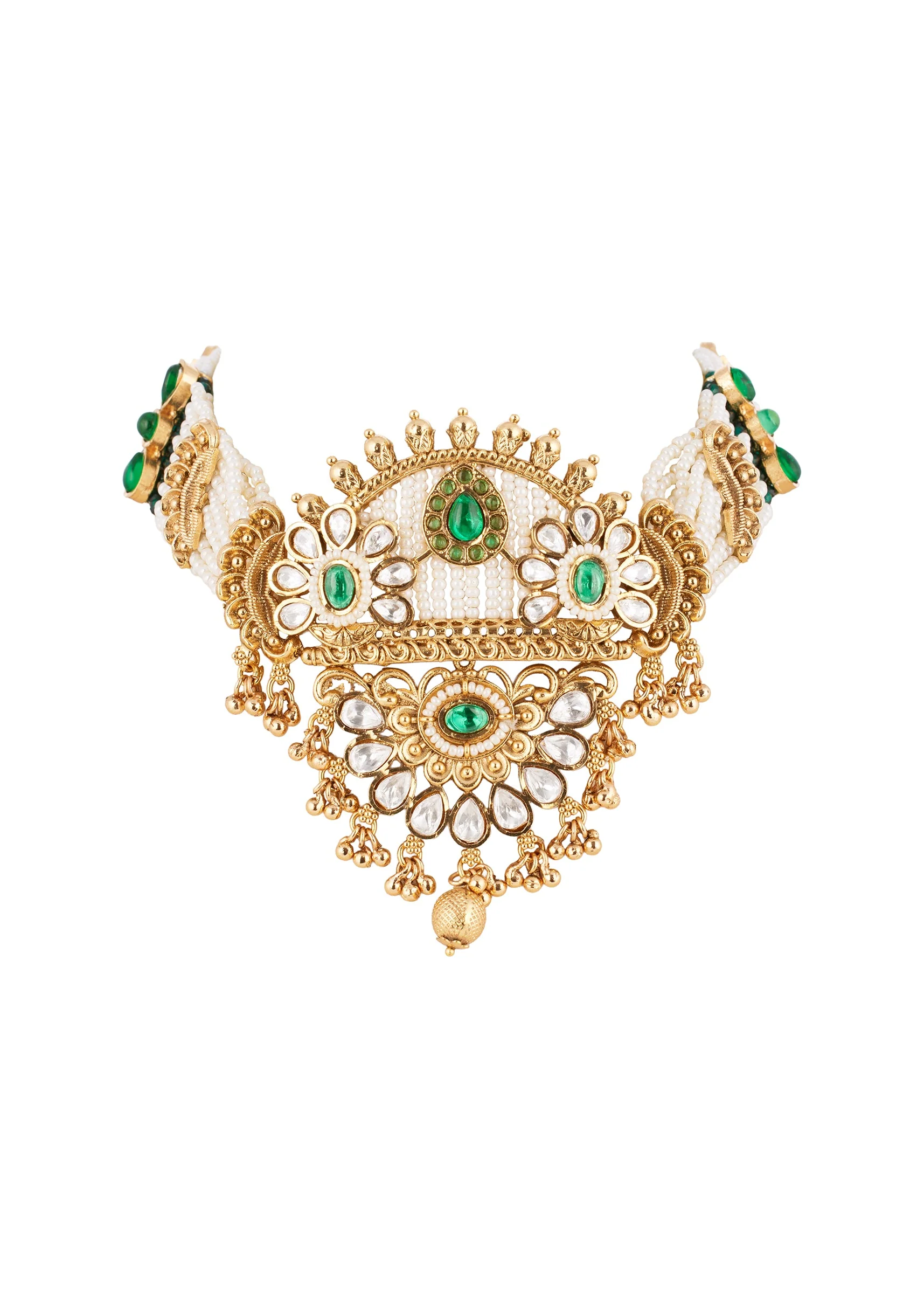 Green White Necklace Set With Refined Kundan Detail - Image 3