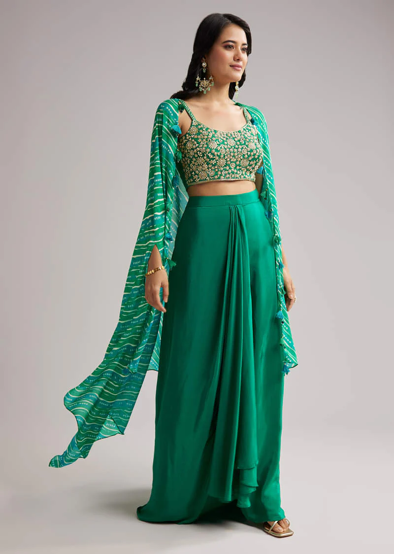 Green Zardosi Cape Set With Crop Top And Skirt - Image 3