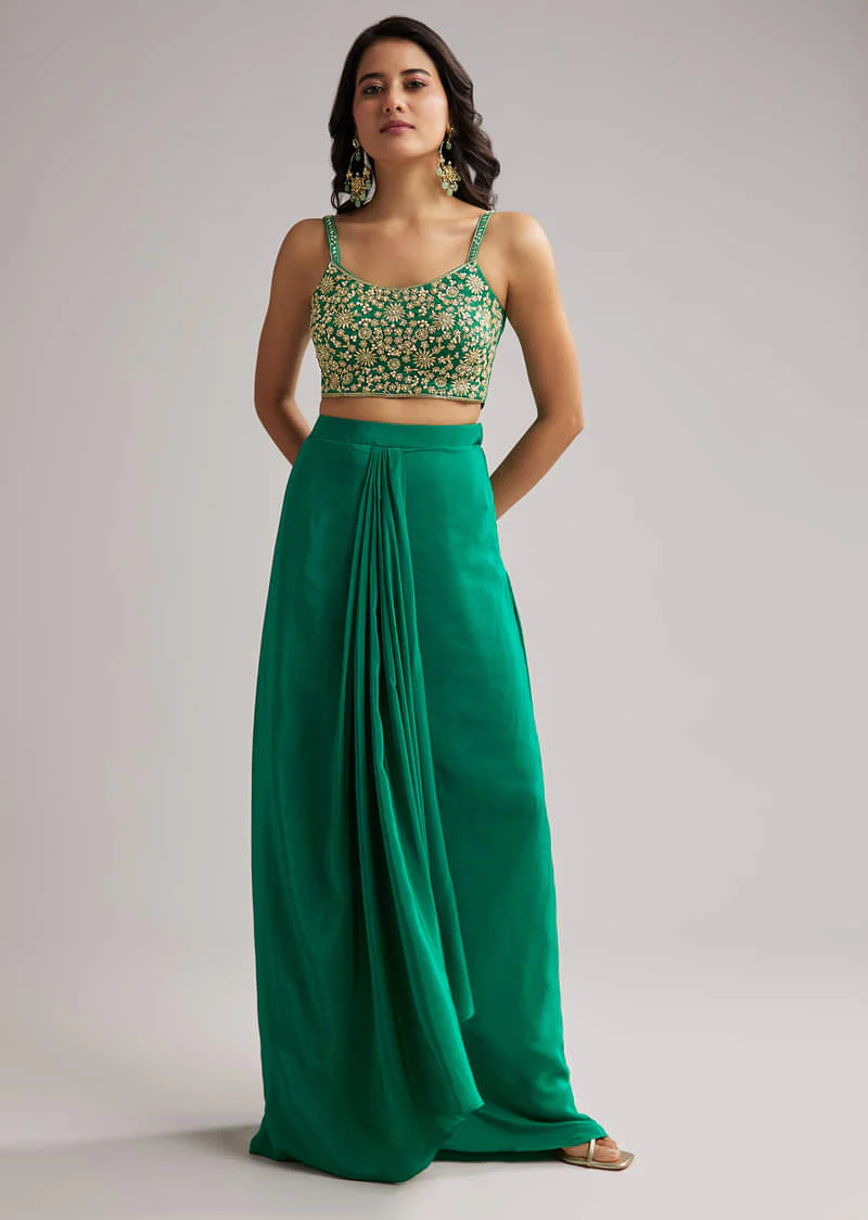 Green Zardosi Cape Set With Crop Top And Skirt - Image 6