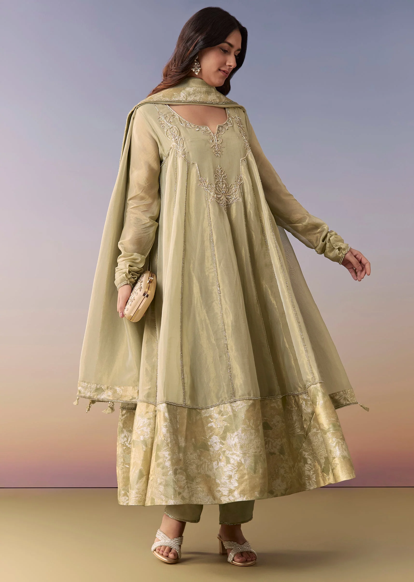 Green Zardosi Tissue Anarkali Suit Set With Pant And Dupatta