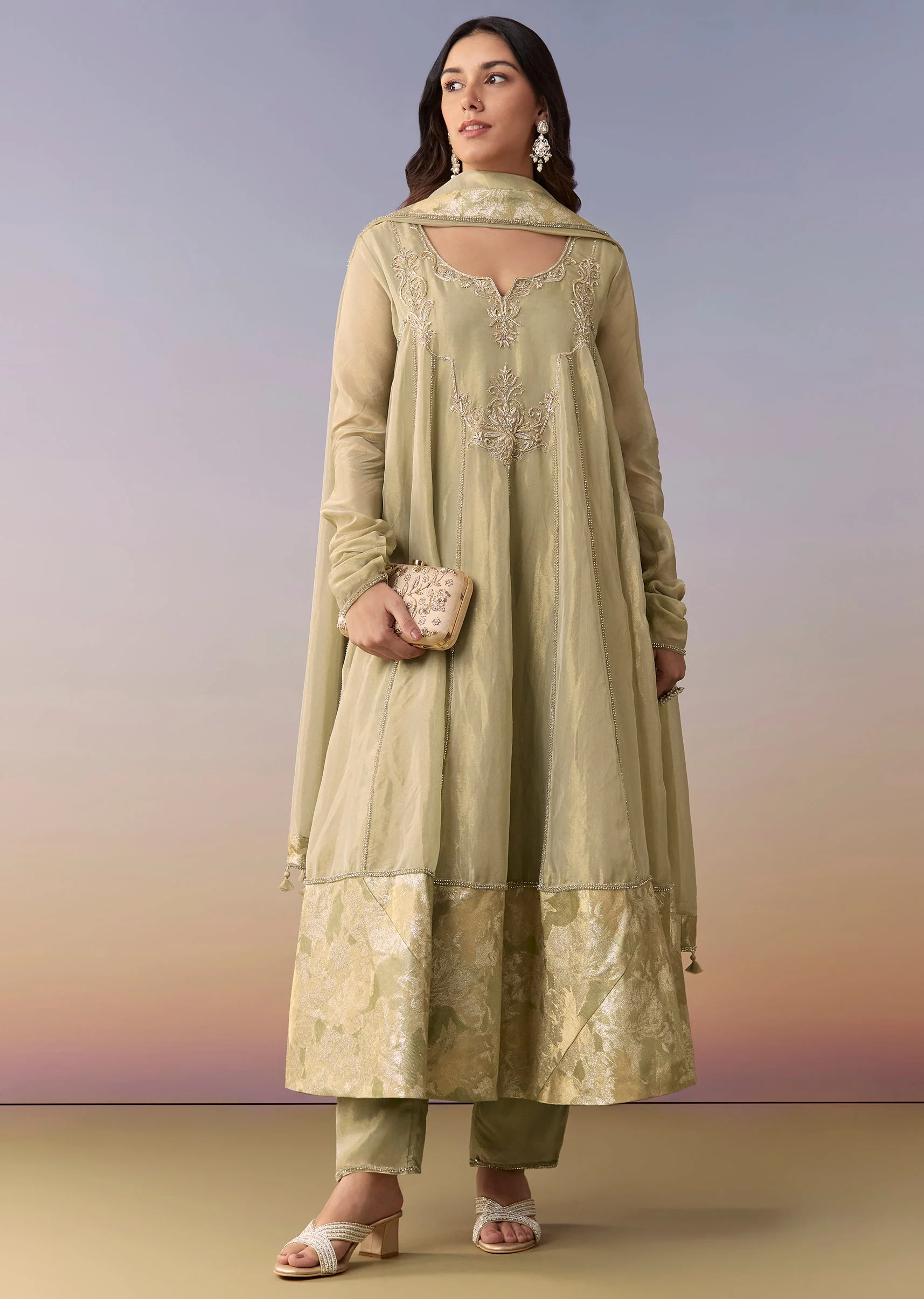 Green Zardosi Tissue Anarkali Suit Set With Pant And Dupatta - Image 3