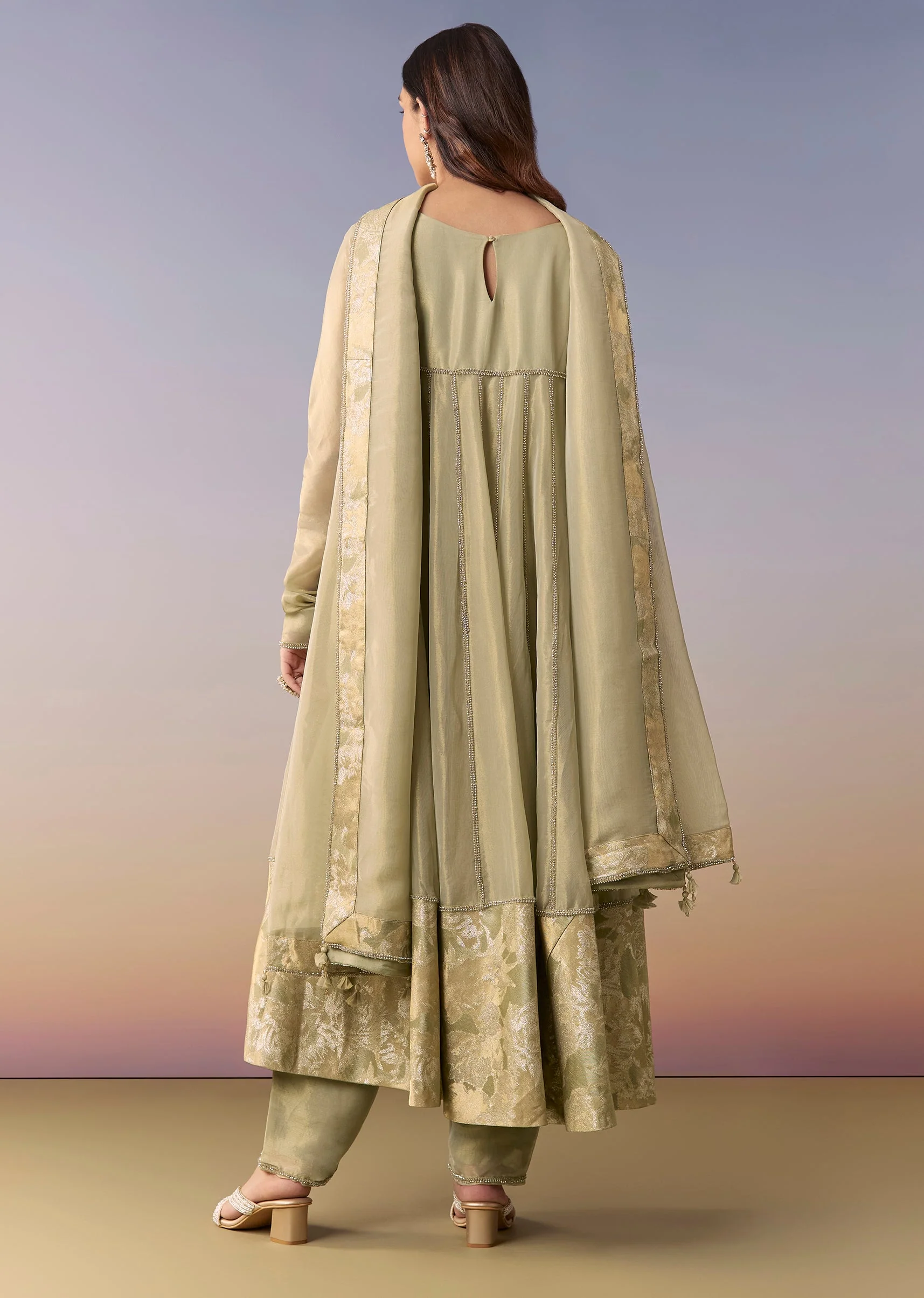 Green Zardosi Tissue Anarkali Suit Set With Pant And Dupatta - Image 5