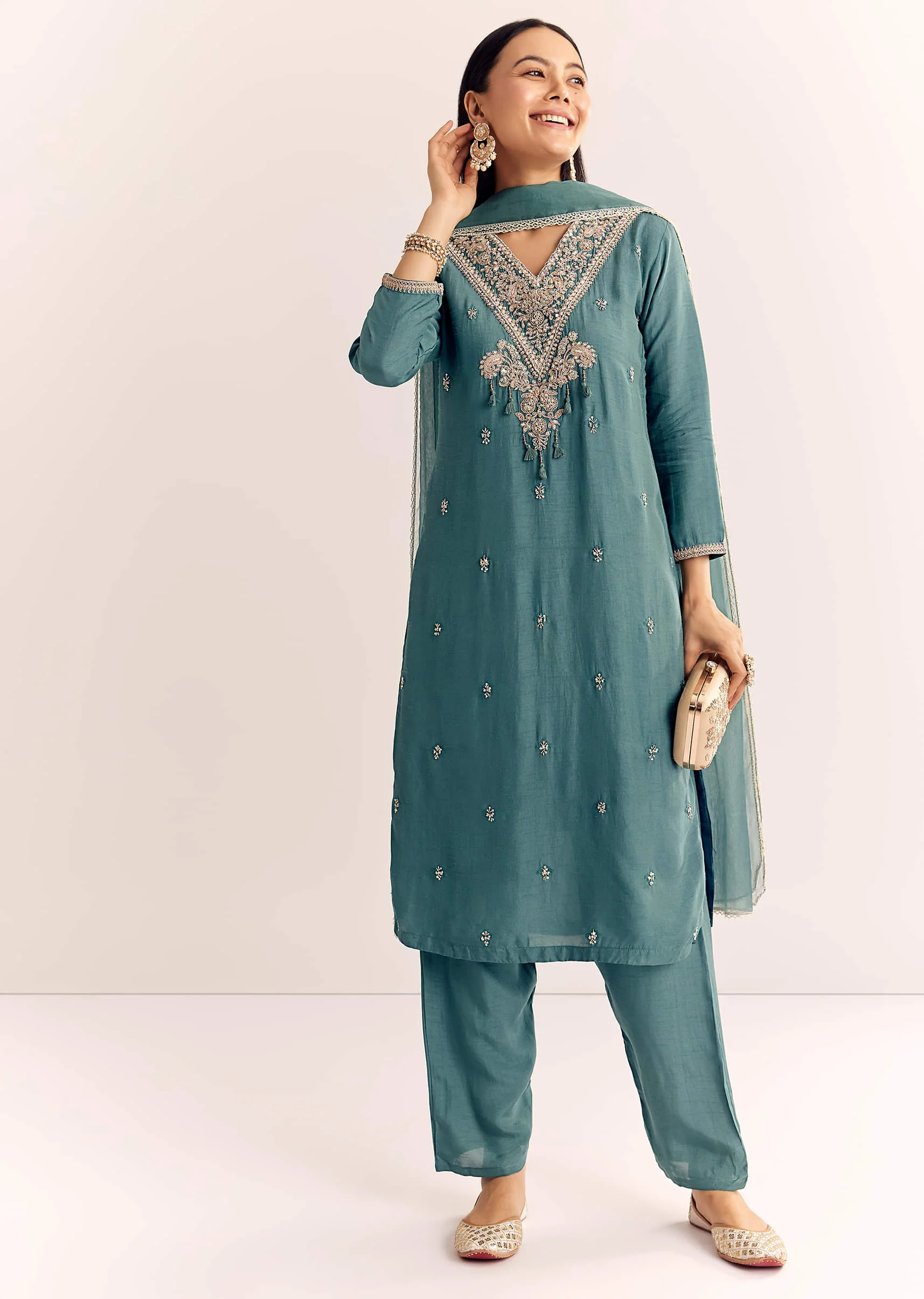 Green Zardosi Work Dola Silk Kurta Set With Dupatta - Image 2