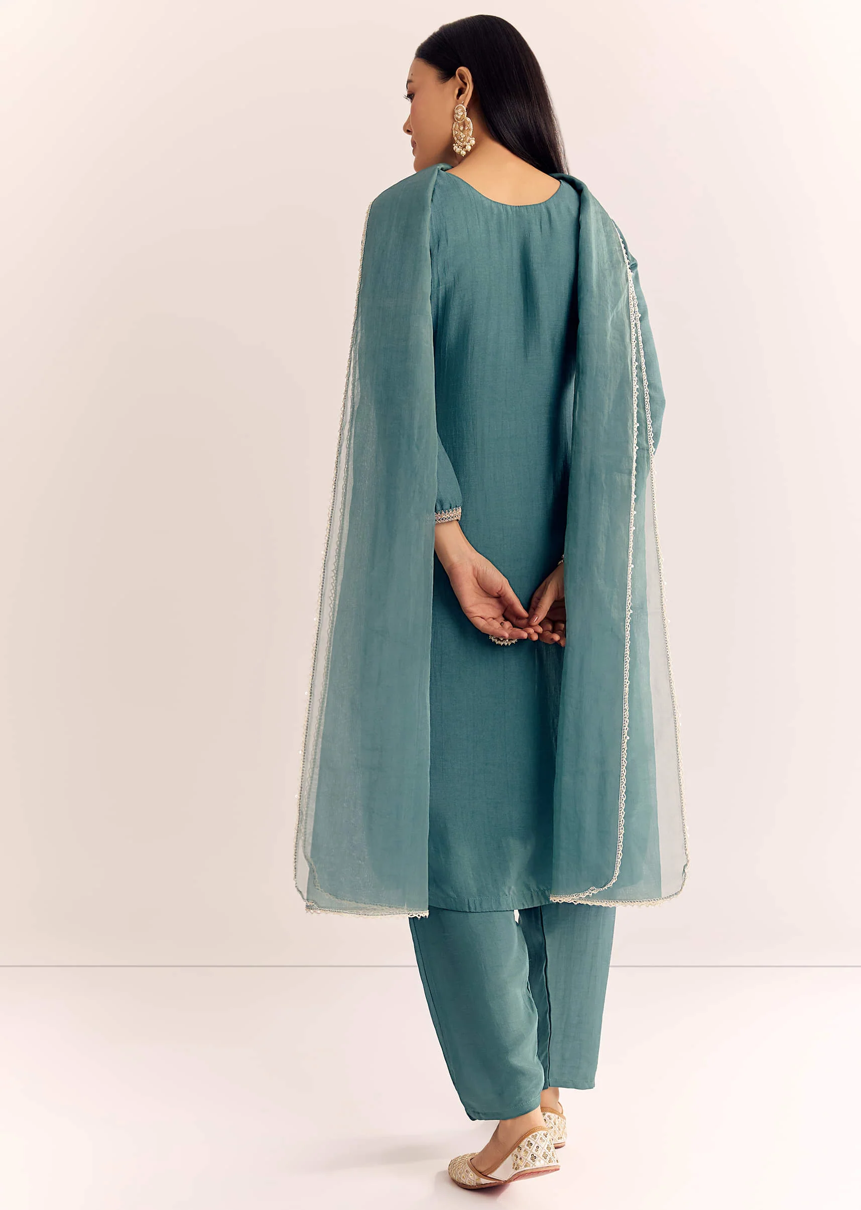 Green Zardosi Work Dola Silk Kurta Set With Dupatta - Image 5
