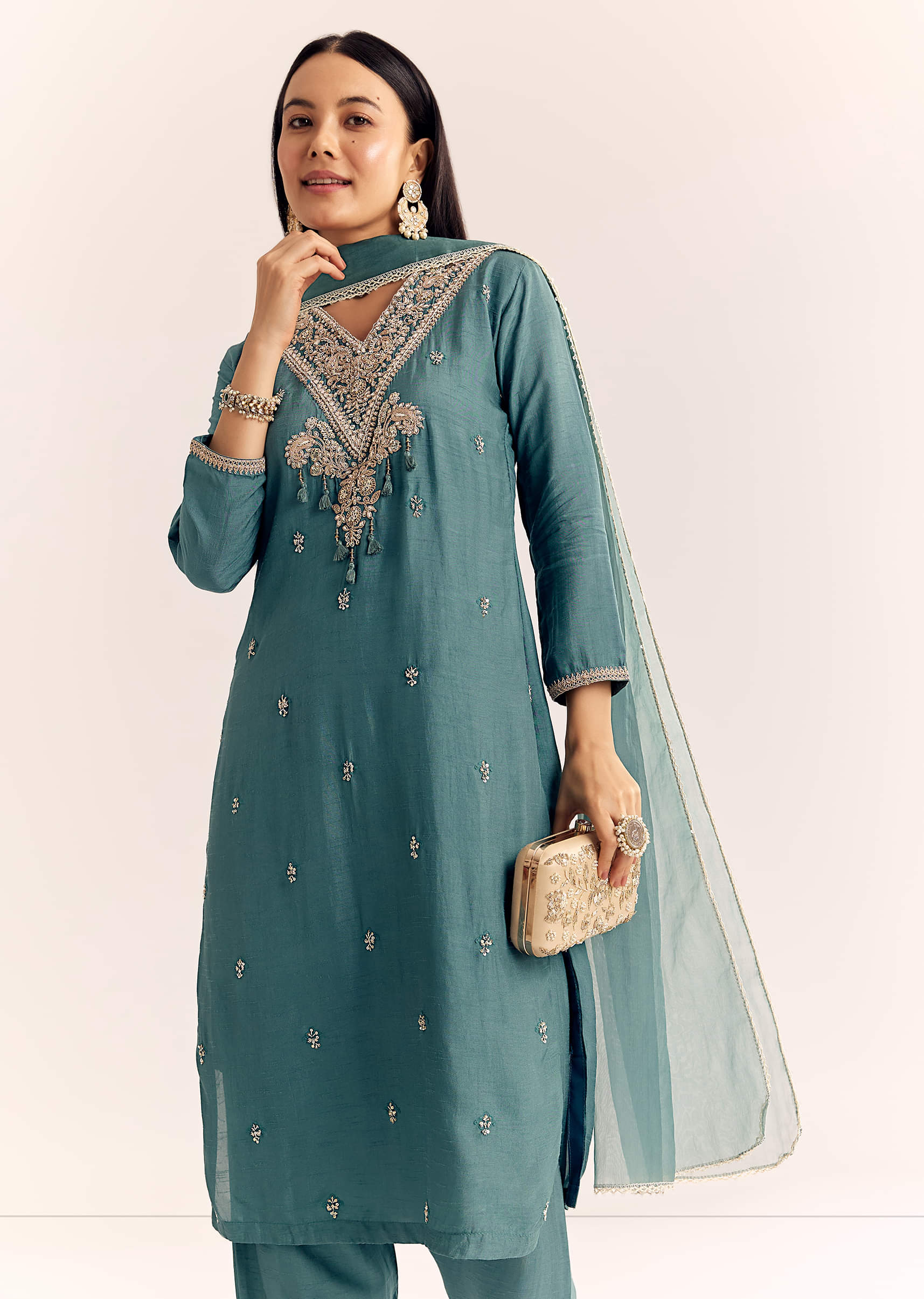 Green Zardosi Work Dola Silk Kurta Set With Dupatta - Image 7