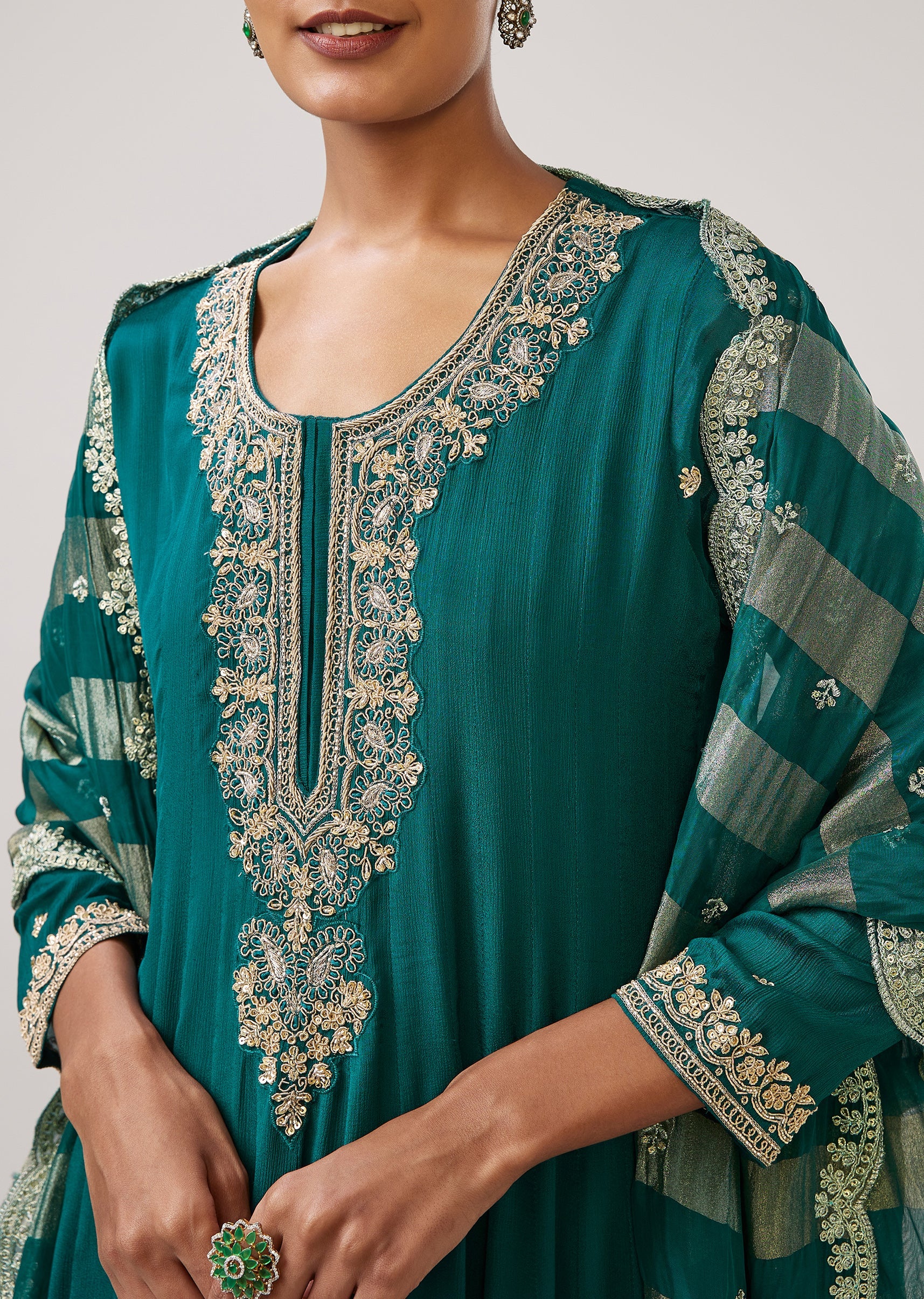 Green Zardozi Chinon Anarkali Suit With Dupatta - Image 2