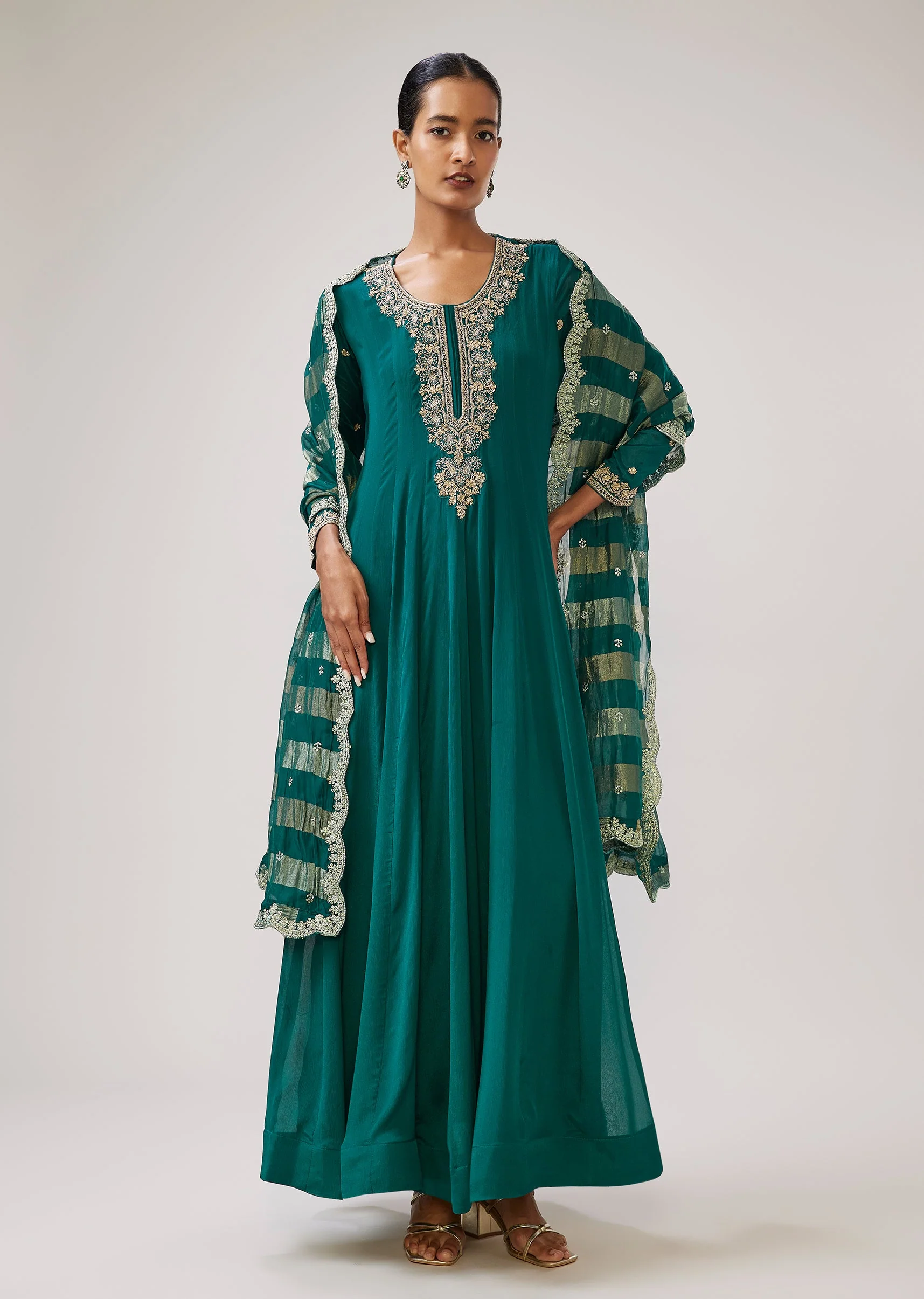 Green Zardozi Chinon Anarkali Suit With Dupatta - Image 3