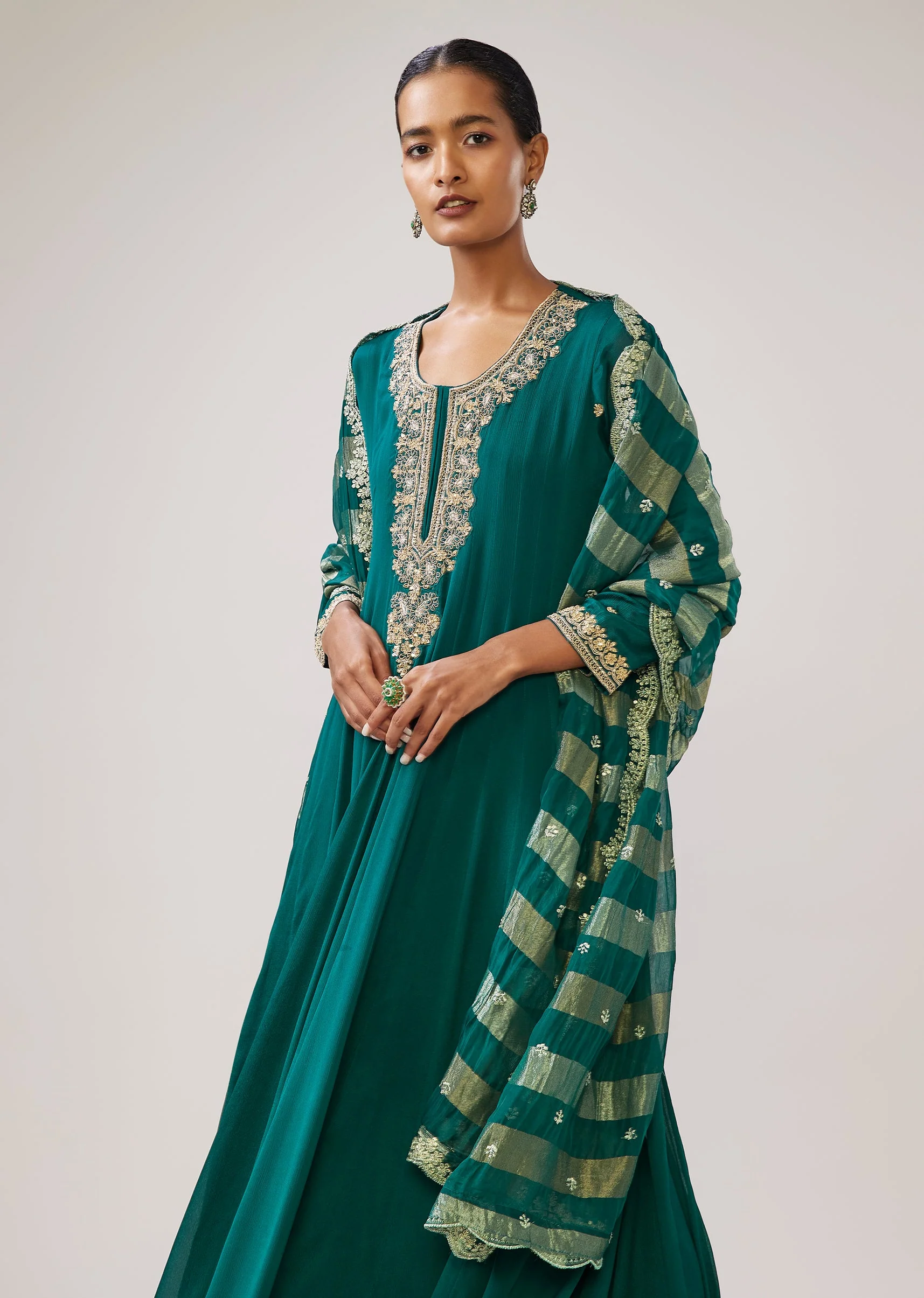 Green Zardozi Chinon Anarkali Suit With Dupatta - Image 4