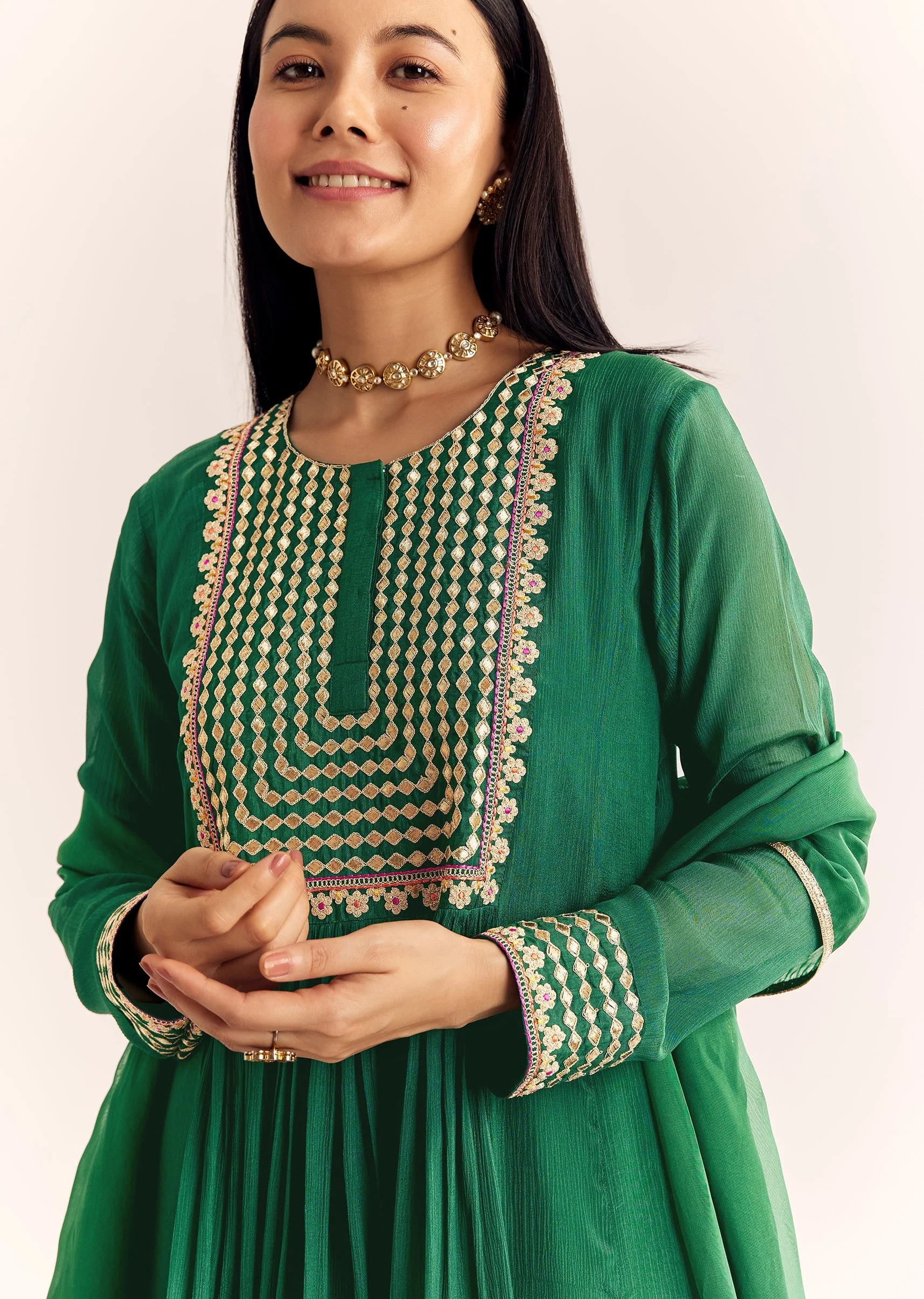 Green Zari Neckline Chinon Anarkali Suit With Dupatta - Image 2