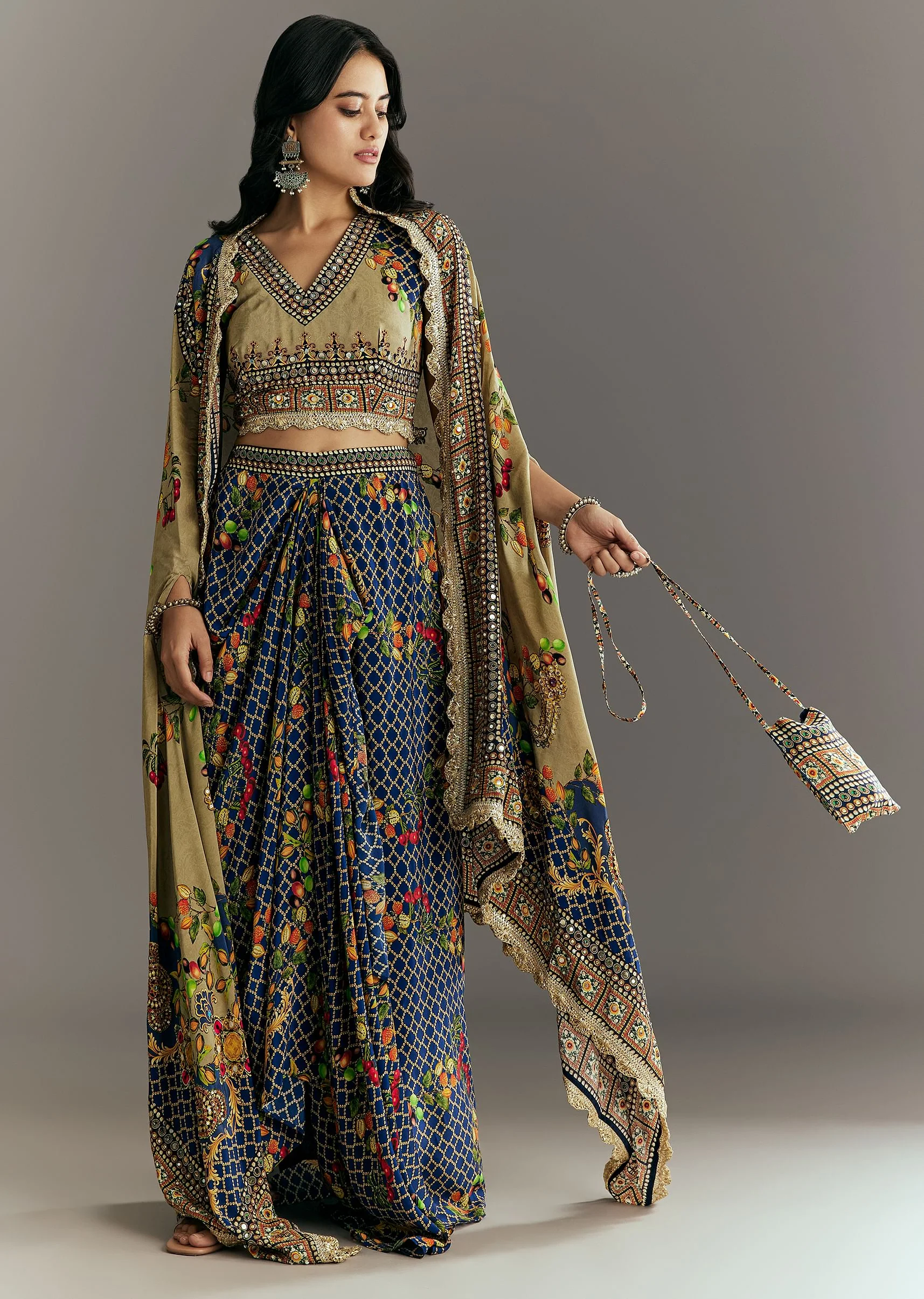 Greenish Beige Muslin Embroidered Croptop With Printed Skirt And Cape - Image 3