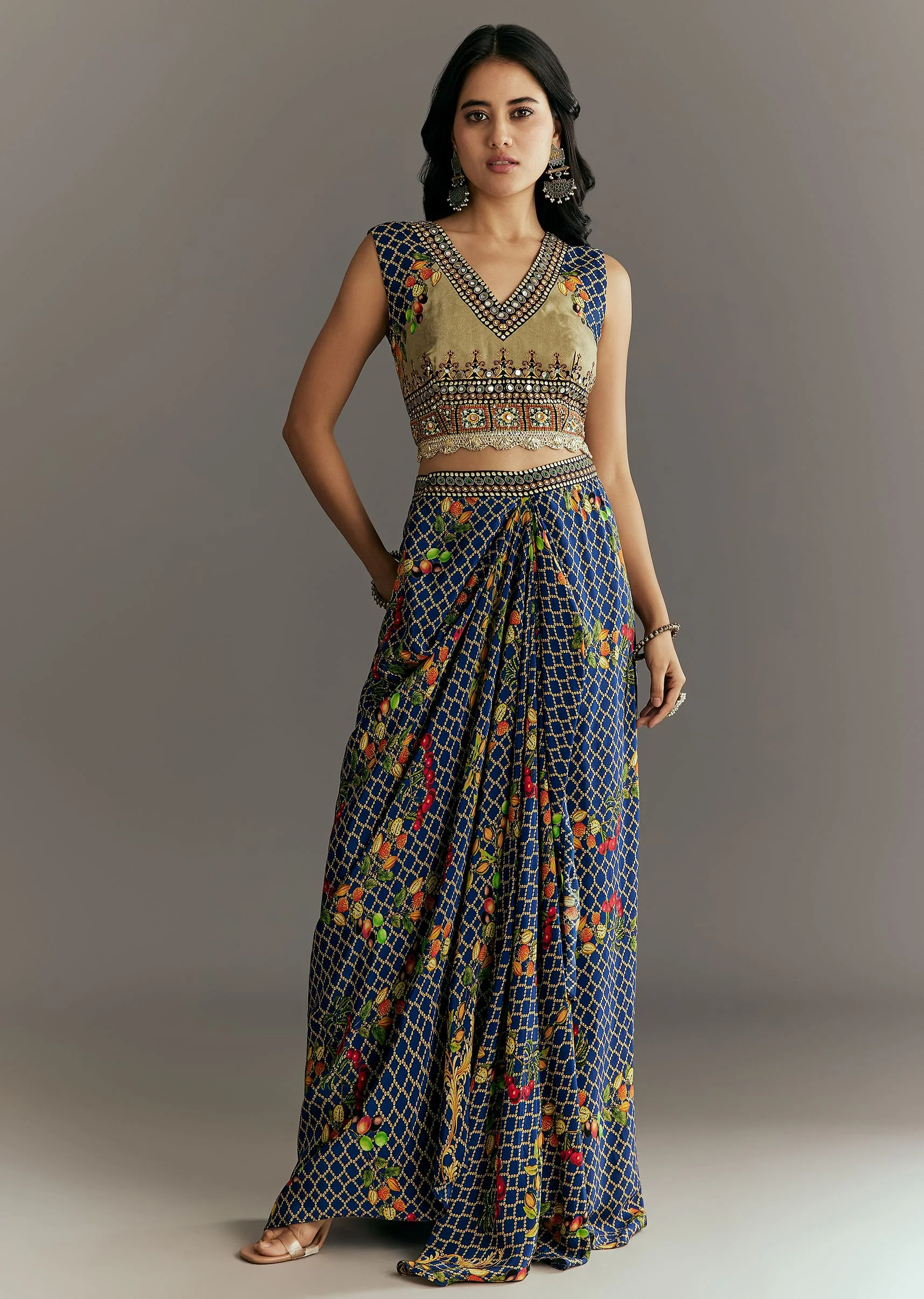 Greenish Beige Muslin Embroidered Croptop With Printed Skirt And Cape - Image 6