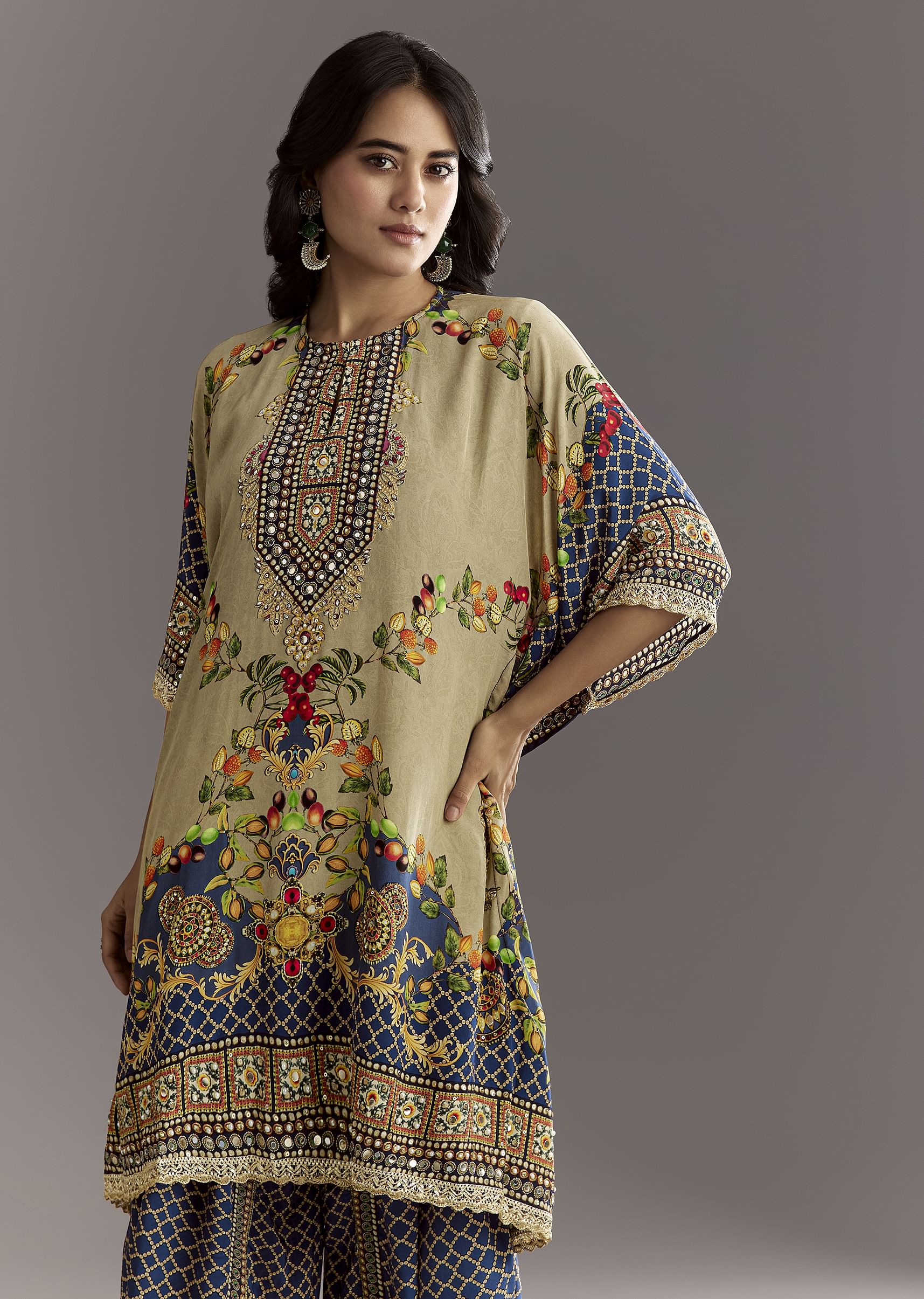 Greenish Beige Printed Kaftaan Kurta With Dhoti - Image 4
