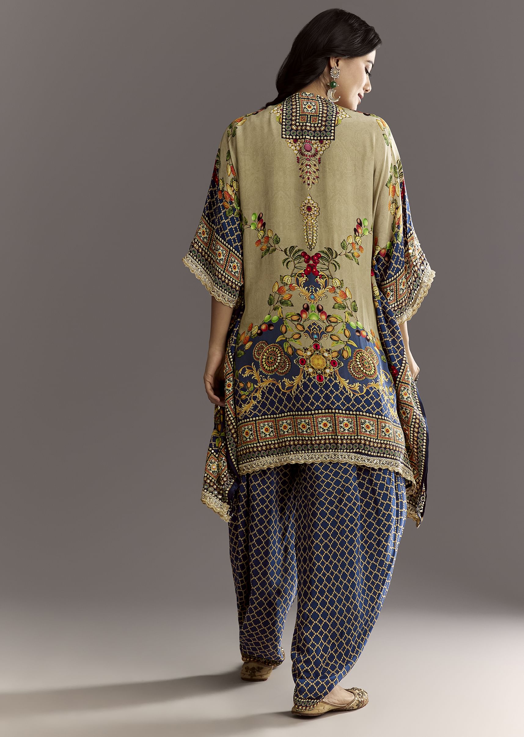 Greenish Beige Printed Kaftaan Kurta With Dhoti - Image 5