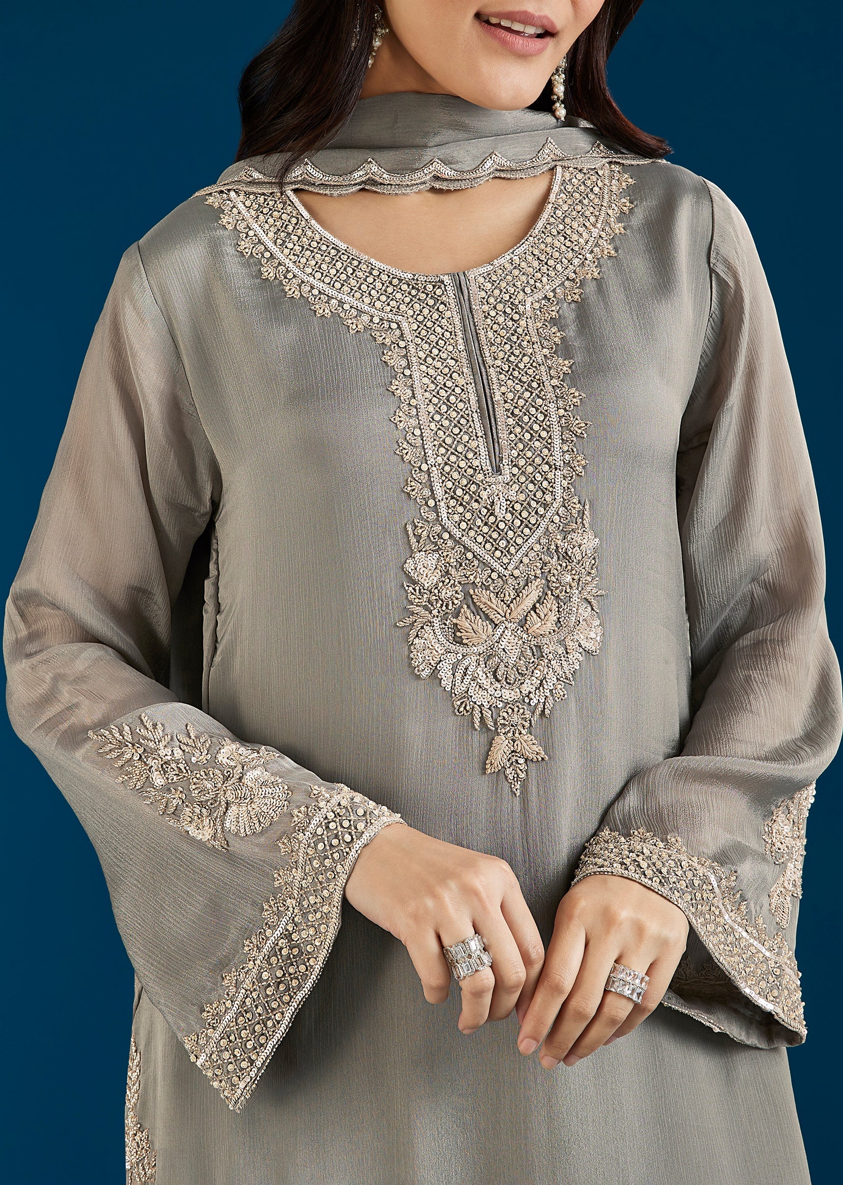 Greenish Grey Embellished Chinon Palazzo Suit With Dupatta - Image 2