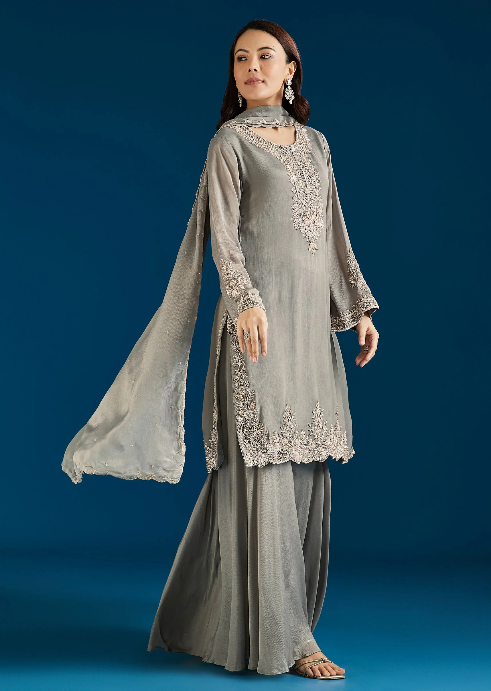 Greenish Grey Embellished Chinon Palazzo Suit With Dupatta - Image 3