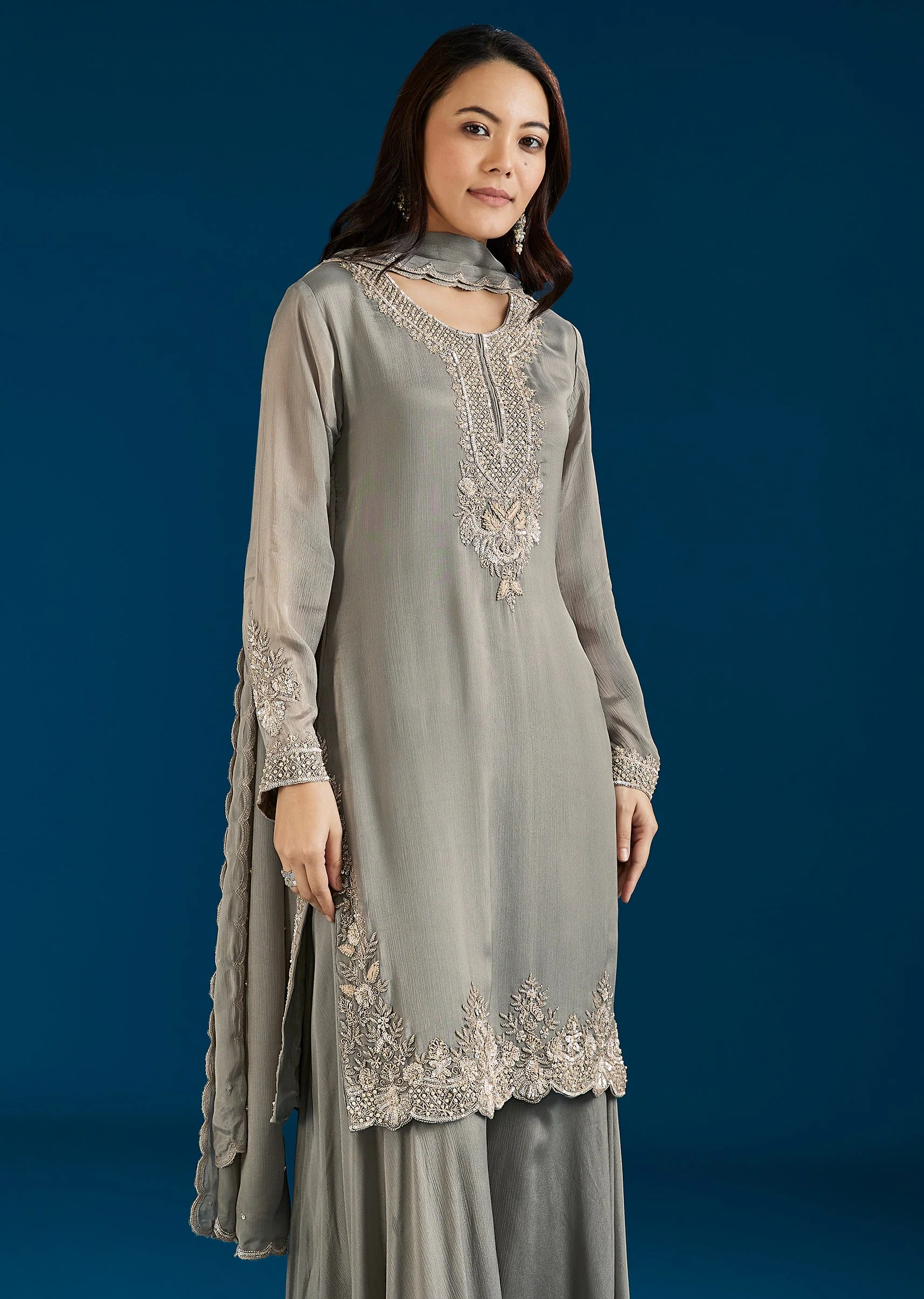 Greenish Grey Embellished Chinon Palazzo Suit With Dupatta - Image 4