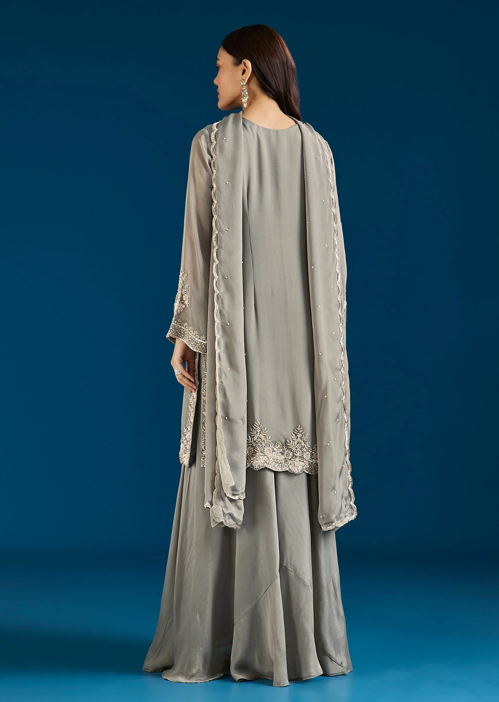Greenish Grey Embellished Chinon Palazzo Suit With Dupatta - Image 5