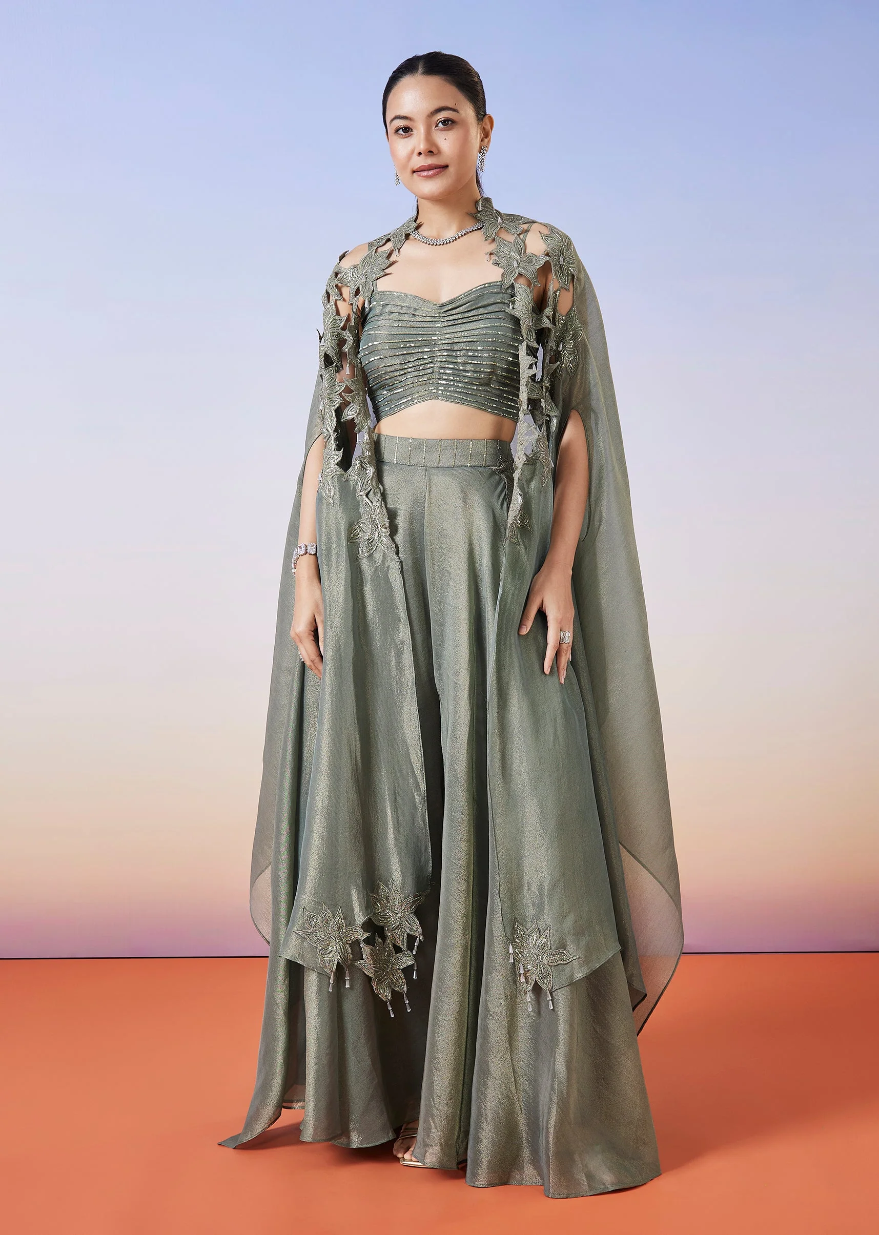 Greenish Grey Tissue Fusion Lehenga With Cape