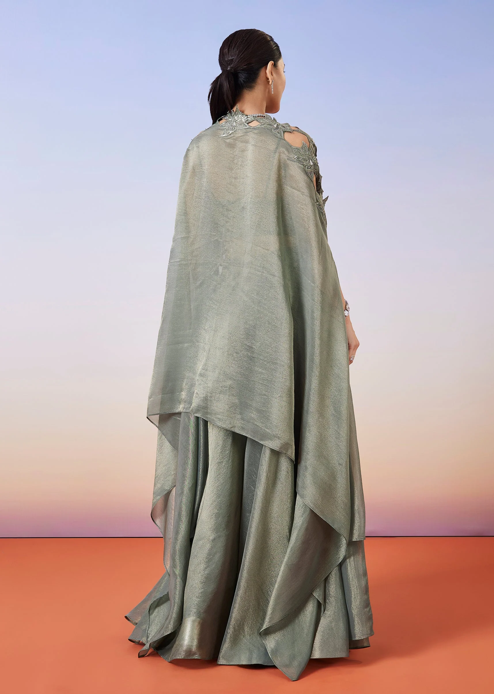 Greenish Grey Tissue Fusion Lehenga With Cape - Image 2