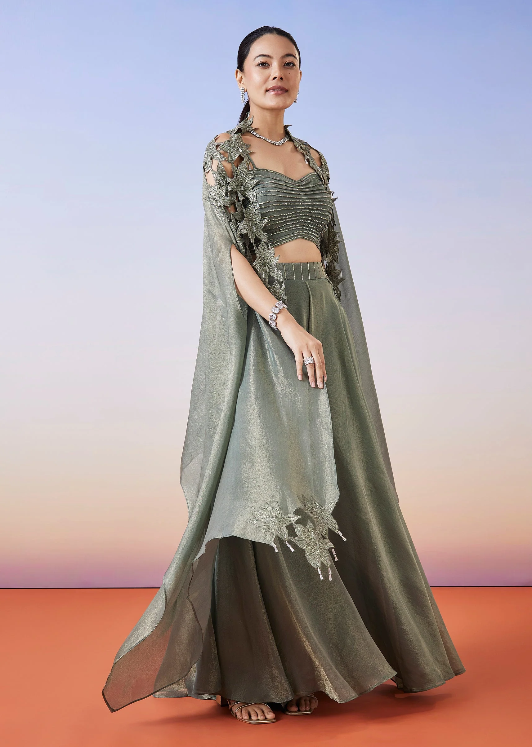 Greenish Grey Tissue Fusion Lehenga With Cape - Image 4