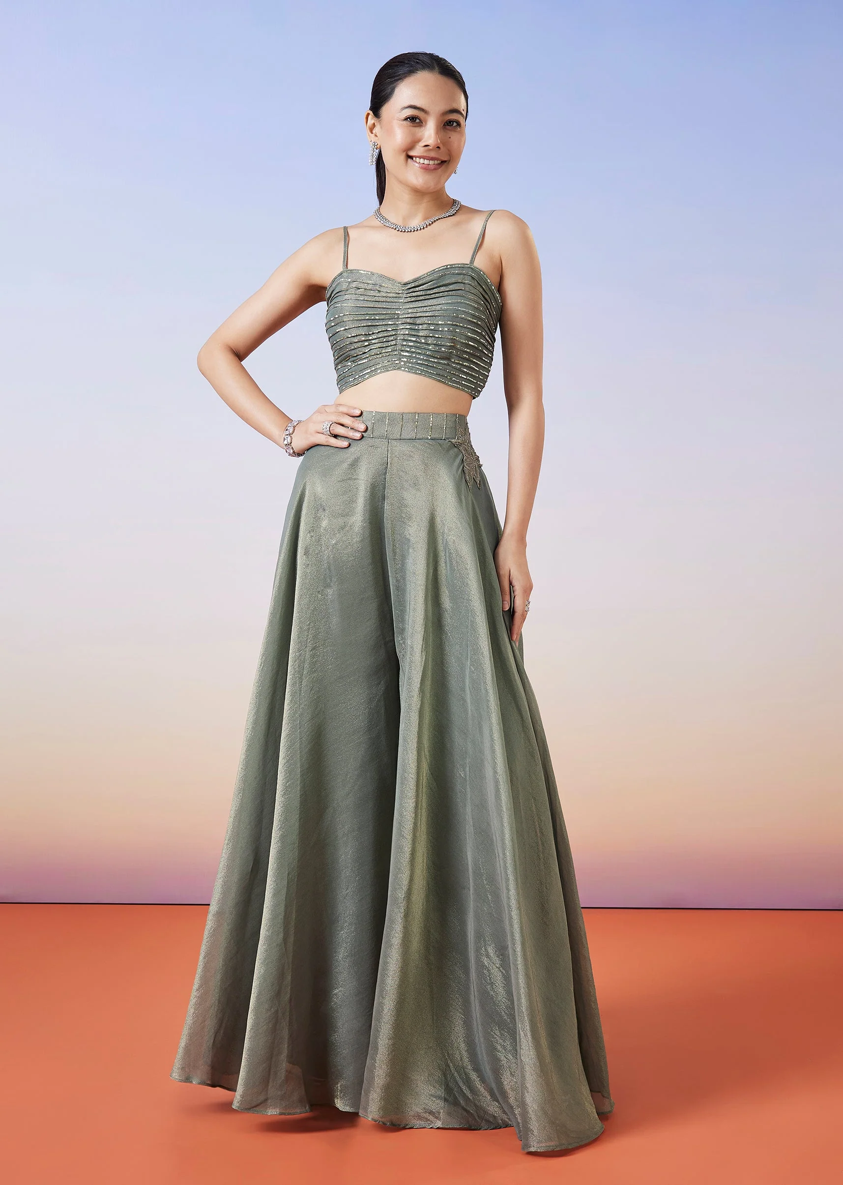 Greenish Grey Tissue Fusion Lehenga With Cape - Image 7
