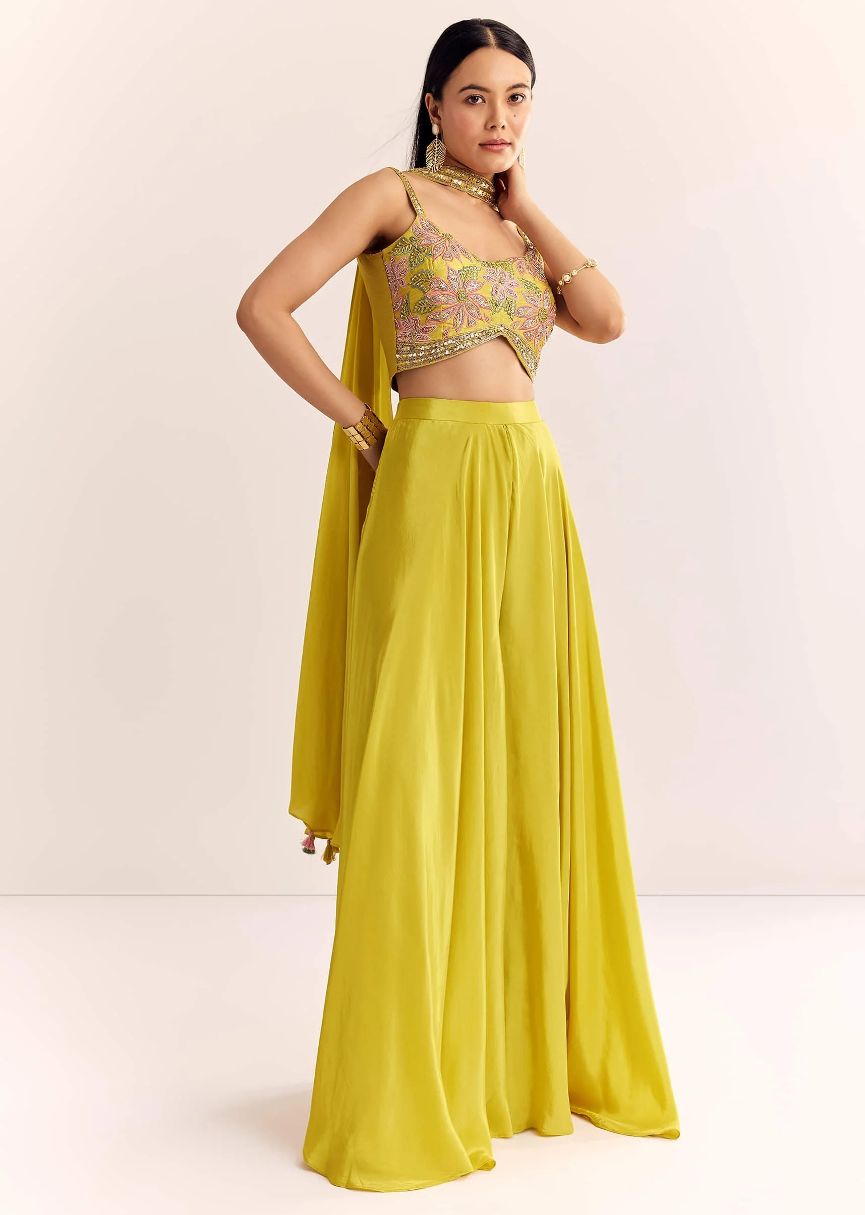 Greenish Yellow Crepe Croptop Dupatta And Palazzo Suit With Resham Zardosi Work - Image 2