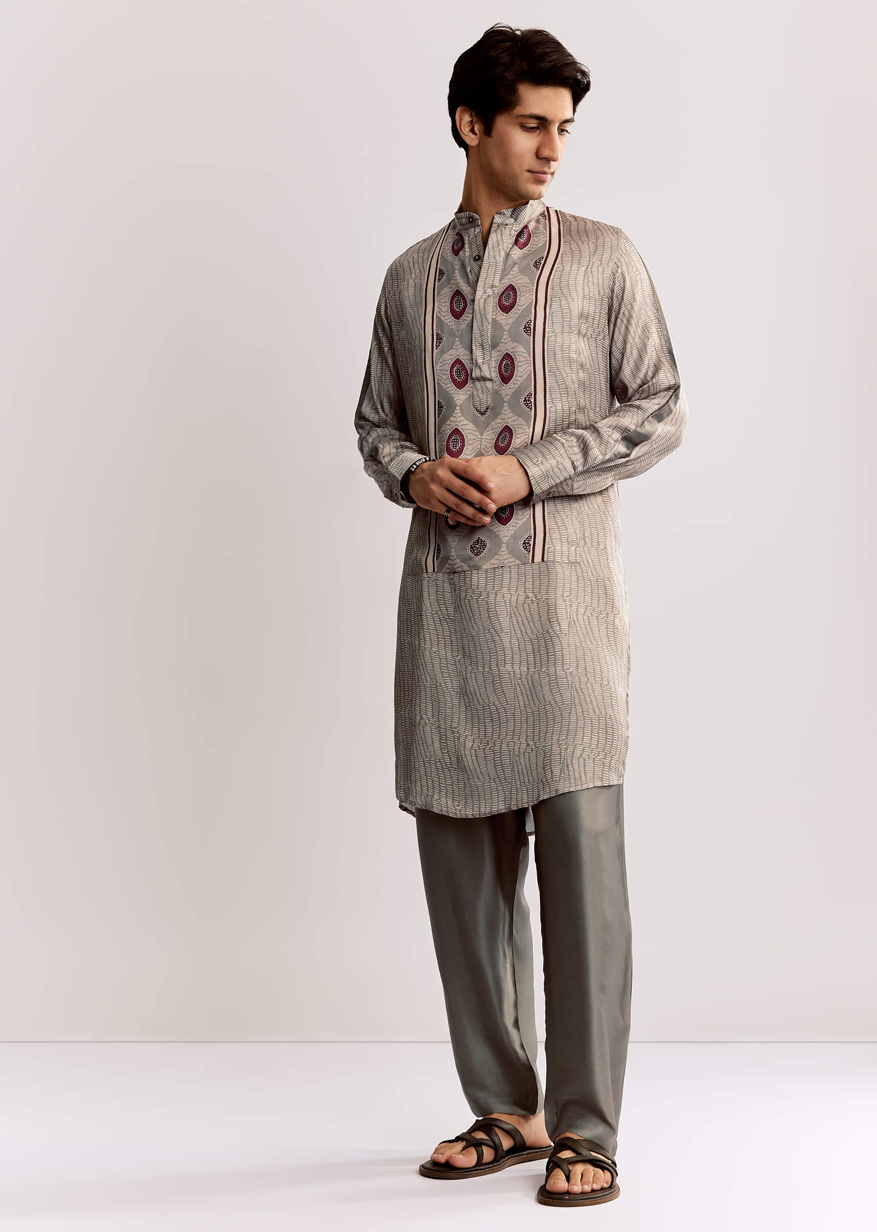 Grey Ajrakh Printed Kurta Set In Silk - Image 2