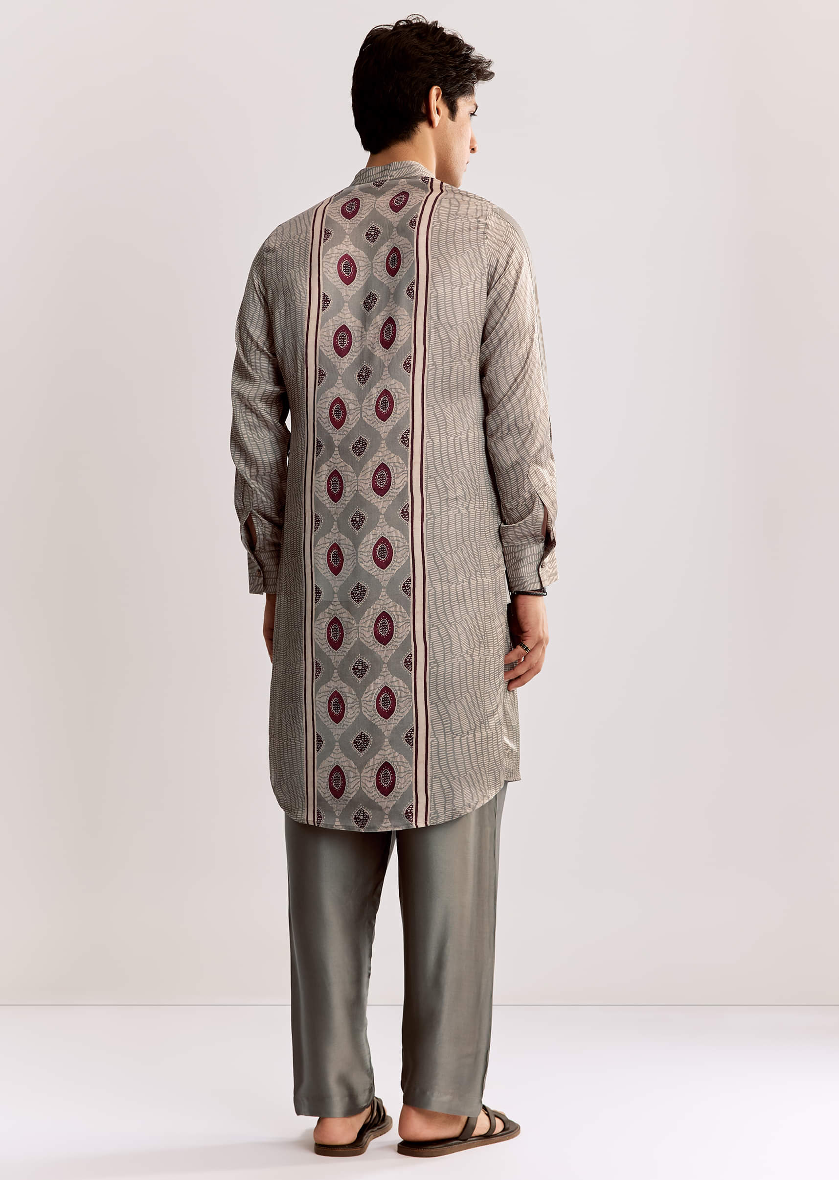 Grey Ajrakh Printed Kurta Set In Silk - Image 5