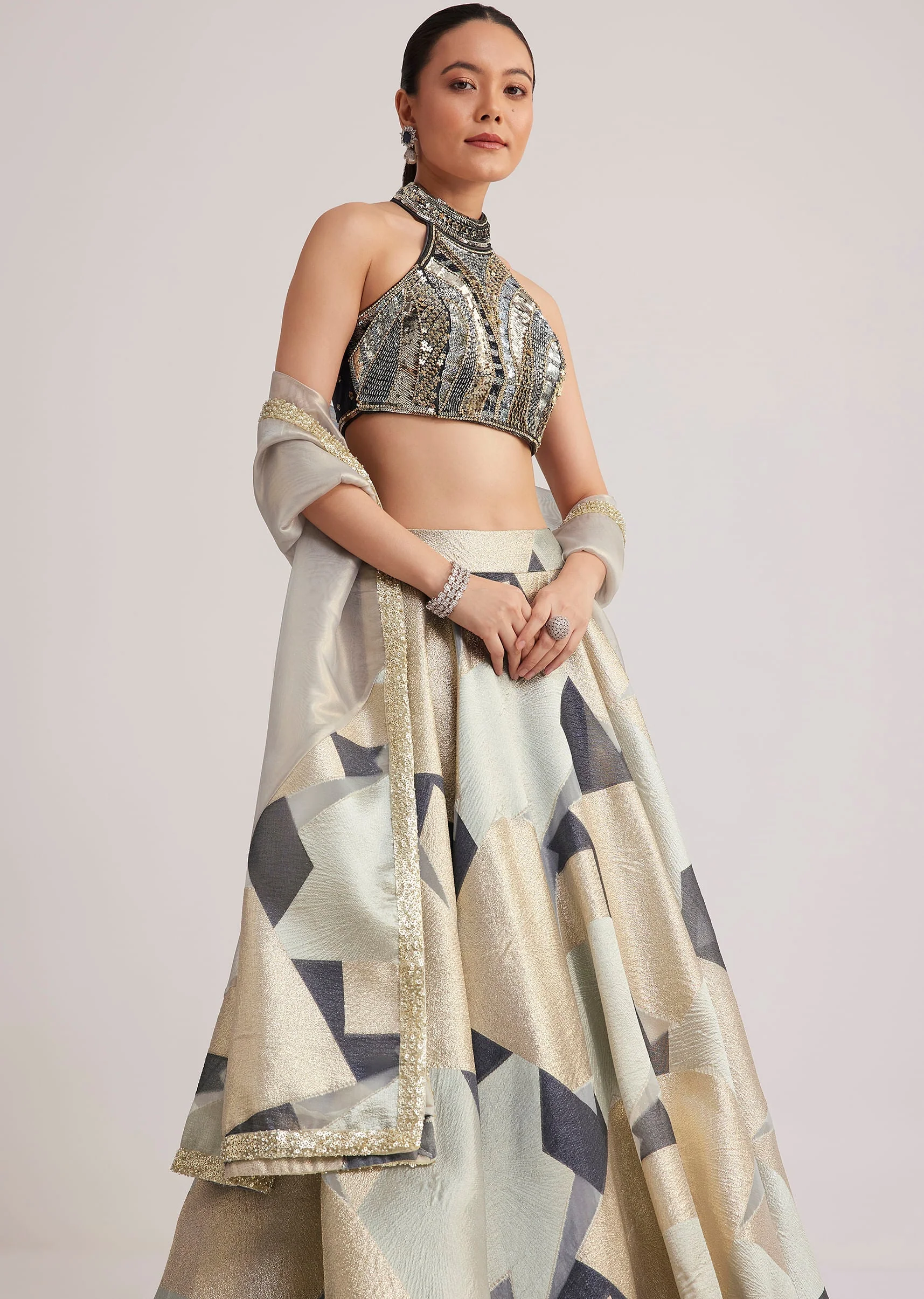Grey And Gold Net Embroidered Lehenga Set - Image 2