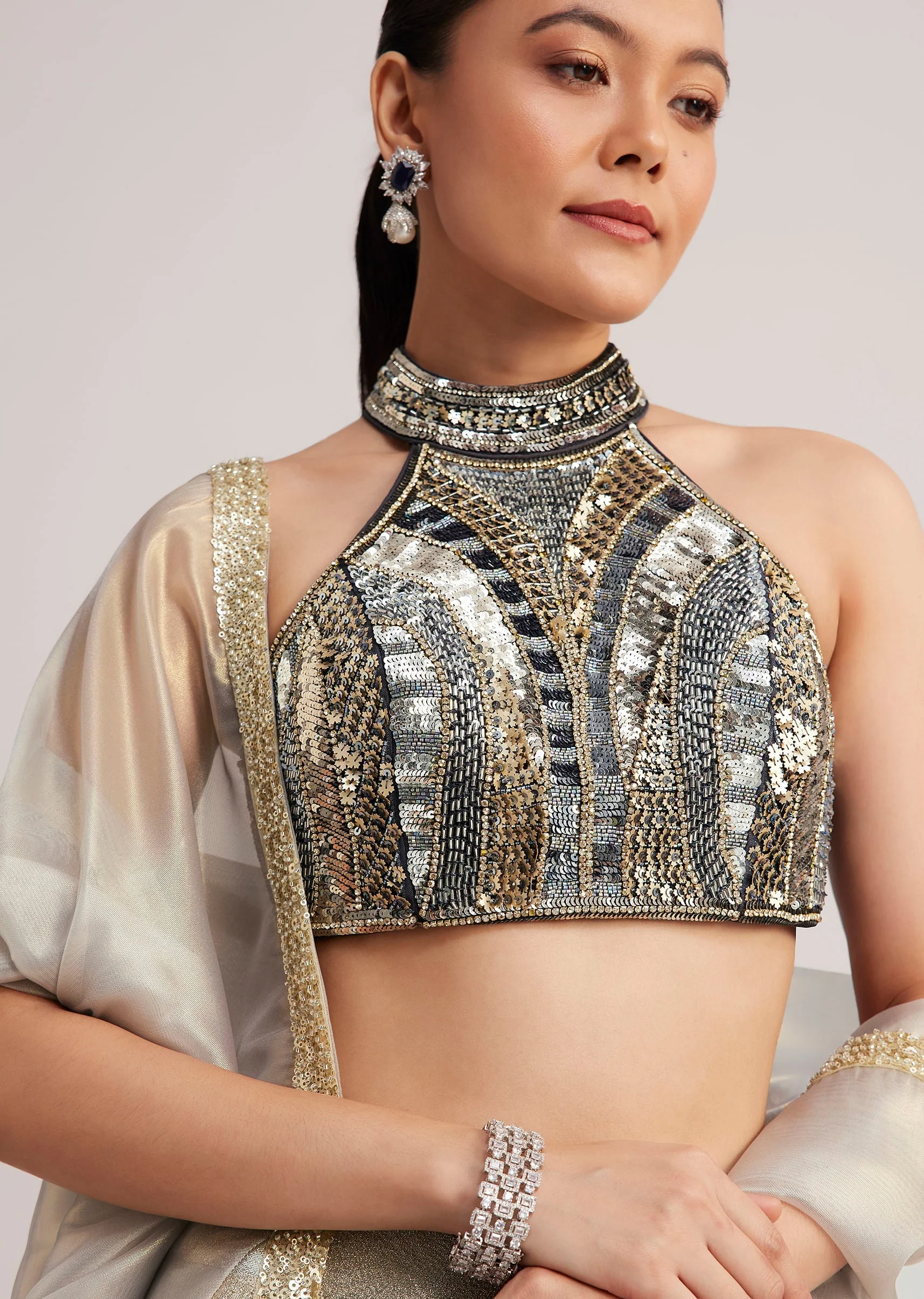Grey And Gold Net Embroidered Lehenga Set - Image 4