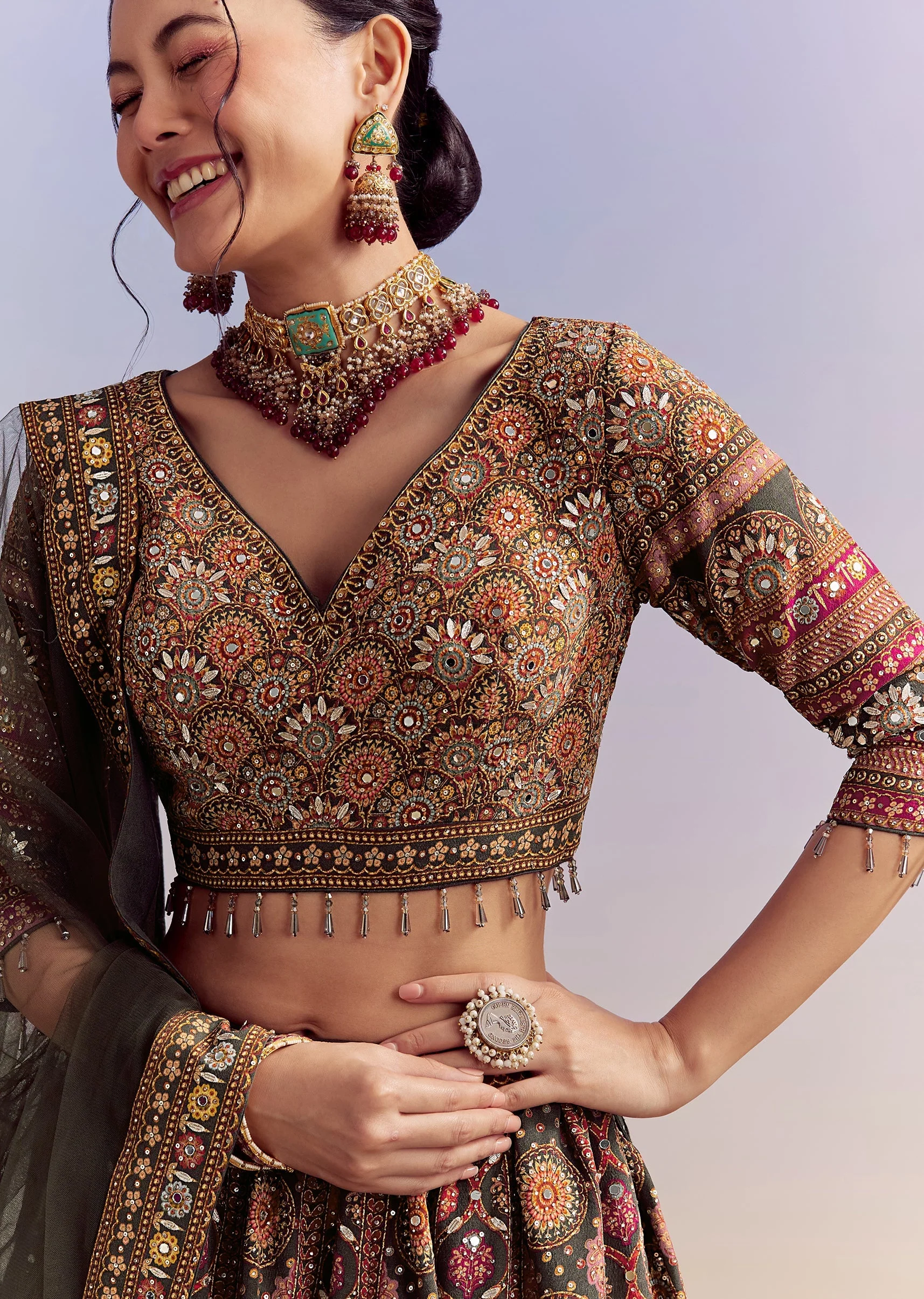 Grey And Red Crepe Printed Bridesmaid Lehenga With Heavy Embroidery - Image 3