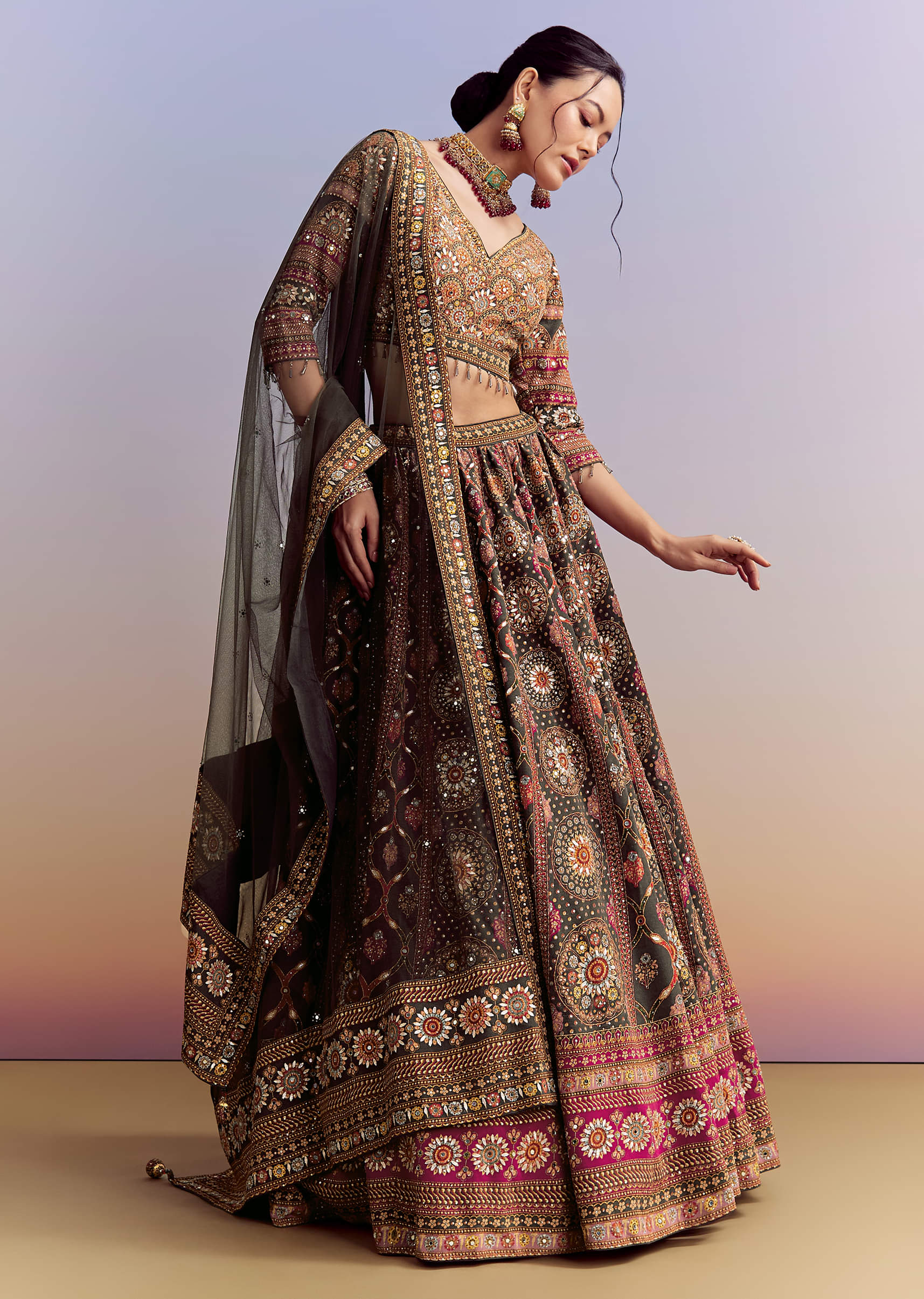 Grey And Red Crepe Printed Bridesmaid Lehenga With Heavy Embroidery - Image 4