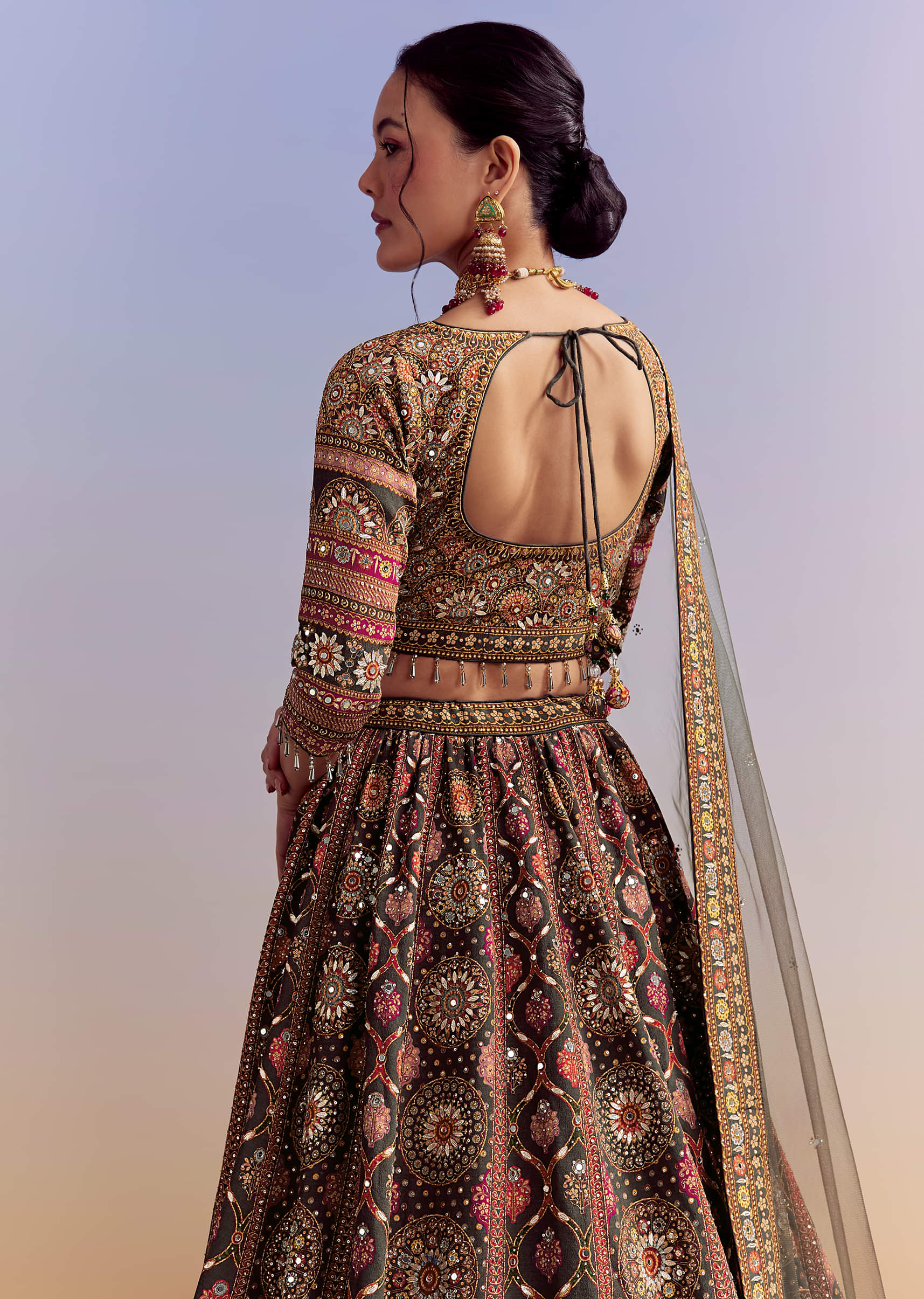 Grey And Red Crepe Printed Bridesmaid Lehenga With Heavy Embroidery - Image 6