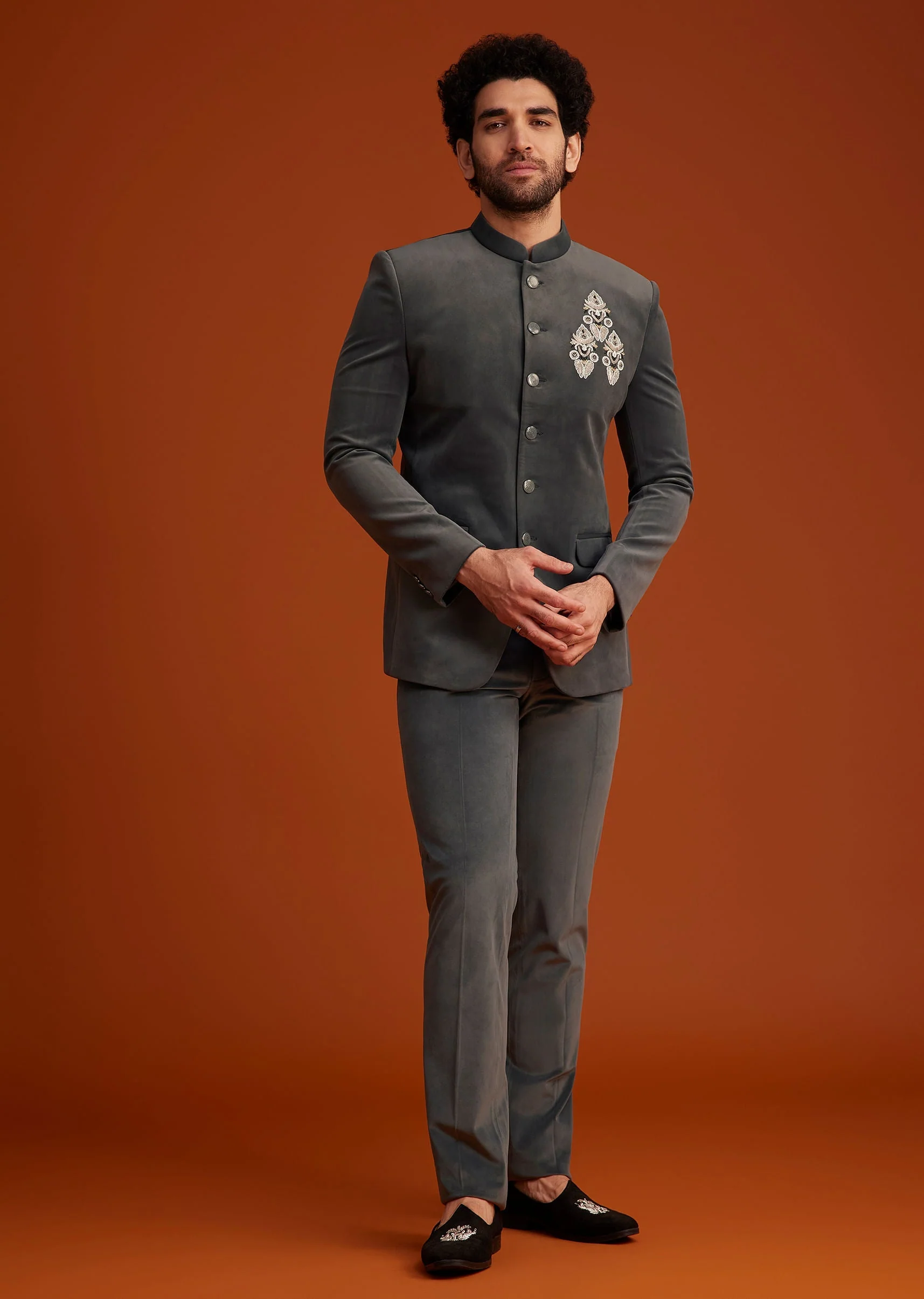 Grey Bandhgala With Embroidered Crest - Image 3