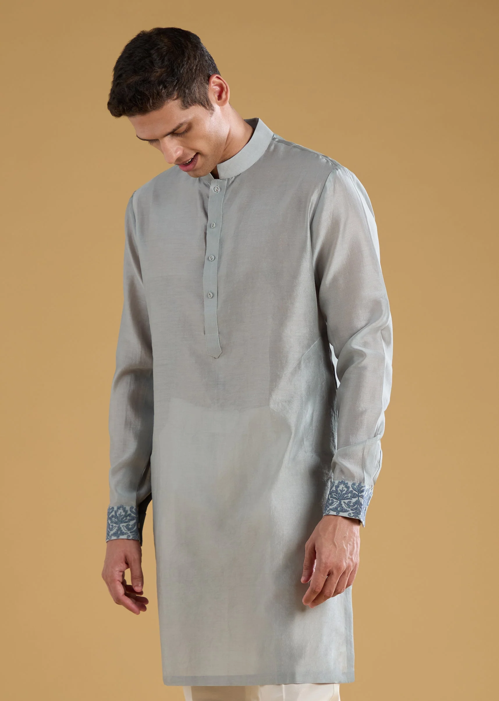 Grey Chanderi Silk Embroidered Mens Jacket Kurta Set - Image 6