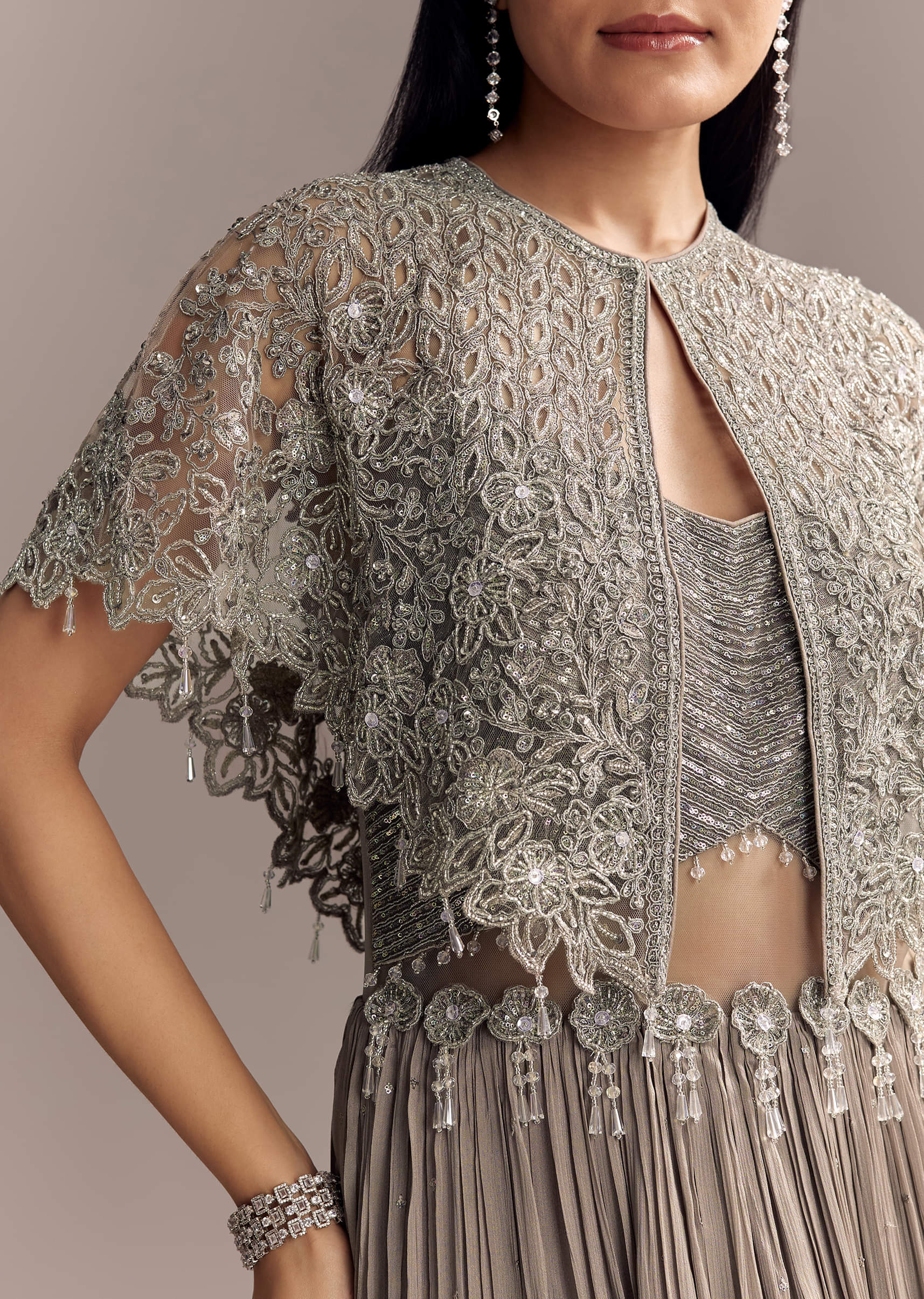 Grey Chinon Contemporary Gown With Embroidered Cape - Image 2