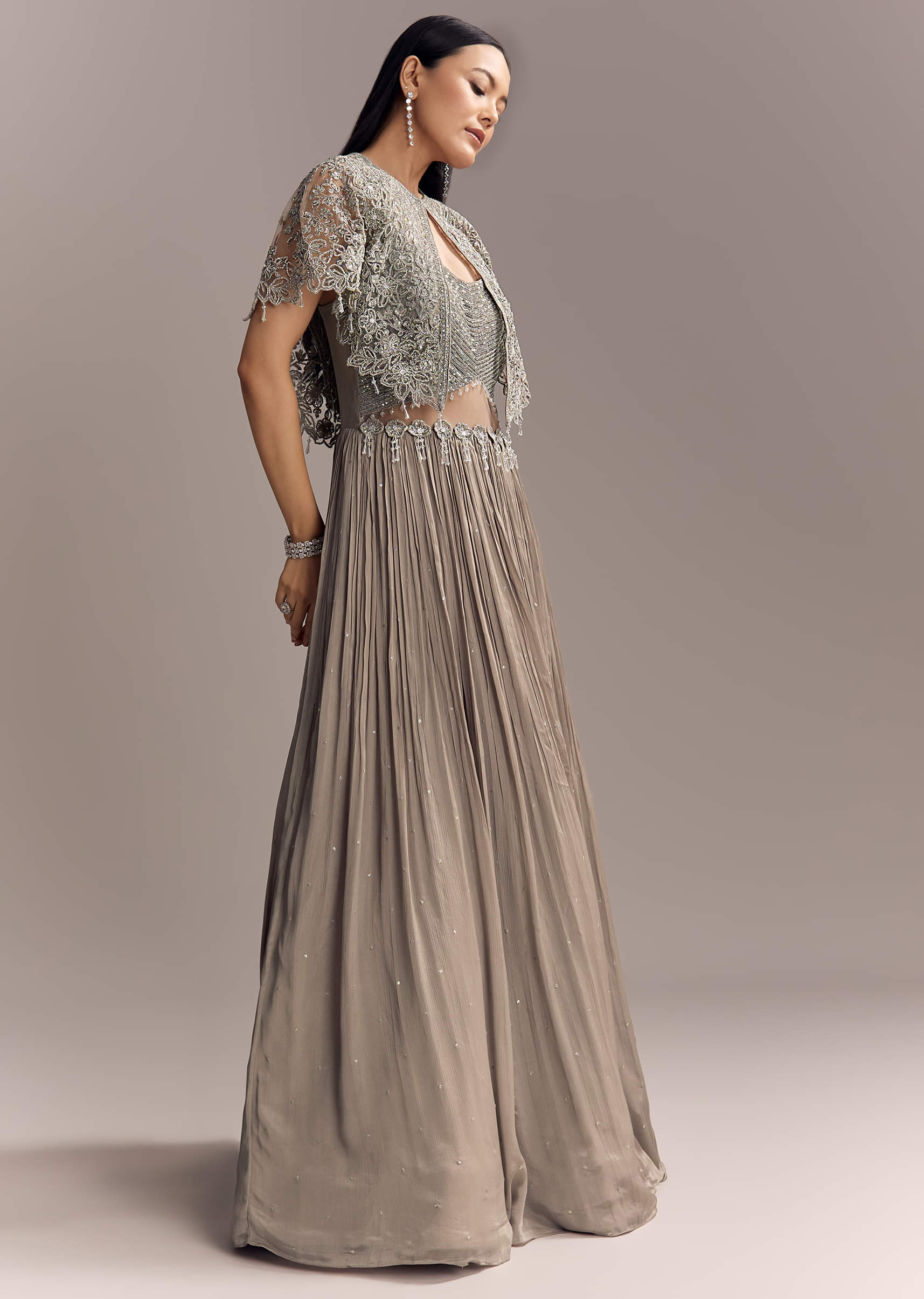 Grey Chinon Contemporary Gown With Embroidered Cape - Image 3