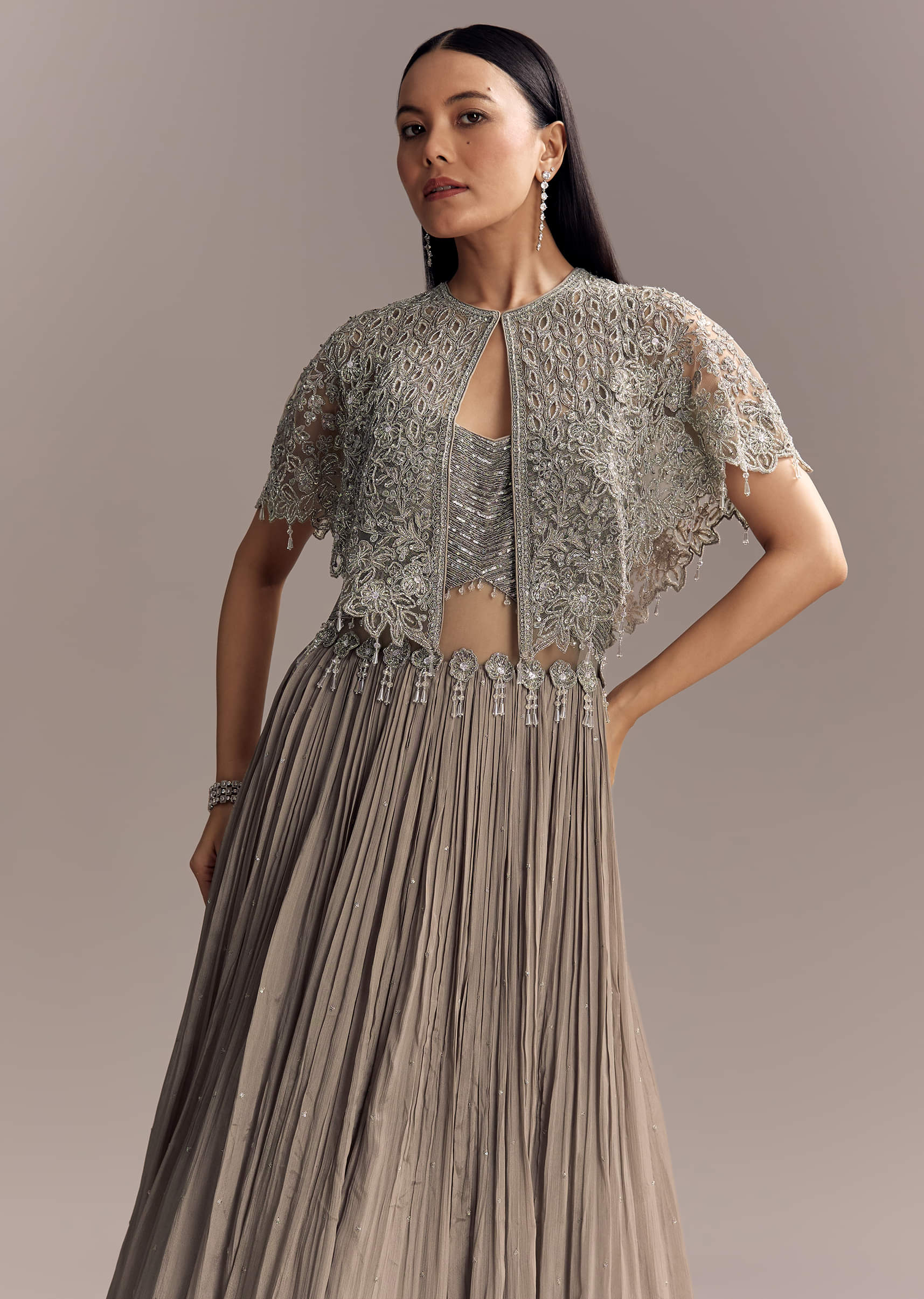 Grey Chinon Contemporary Gown With Embroidered Cape - Image 4