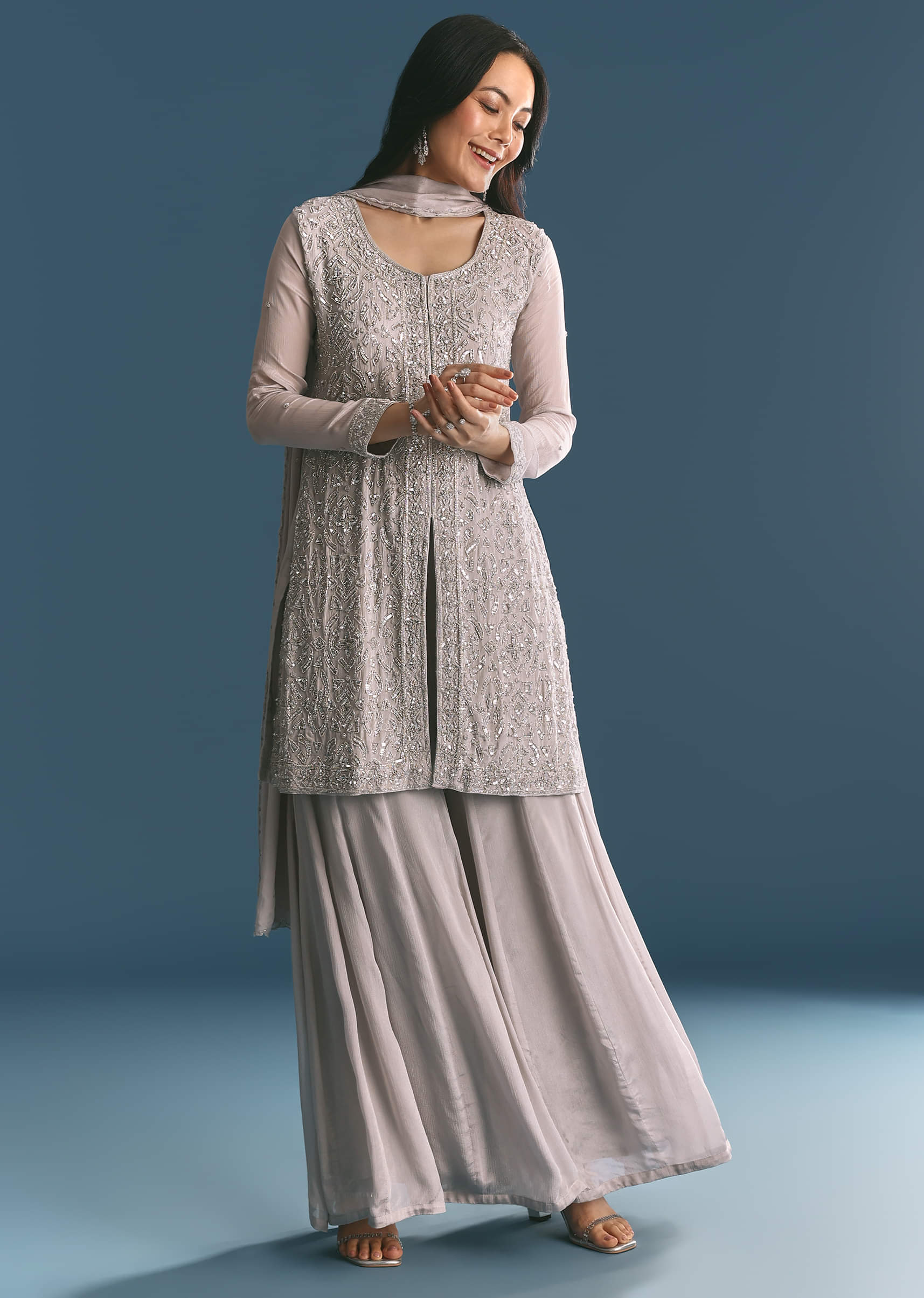 Grey Chinon Cutdana Sequin Embroidered Kurta Palazzo Suit - Image 4