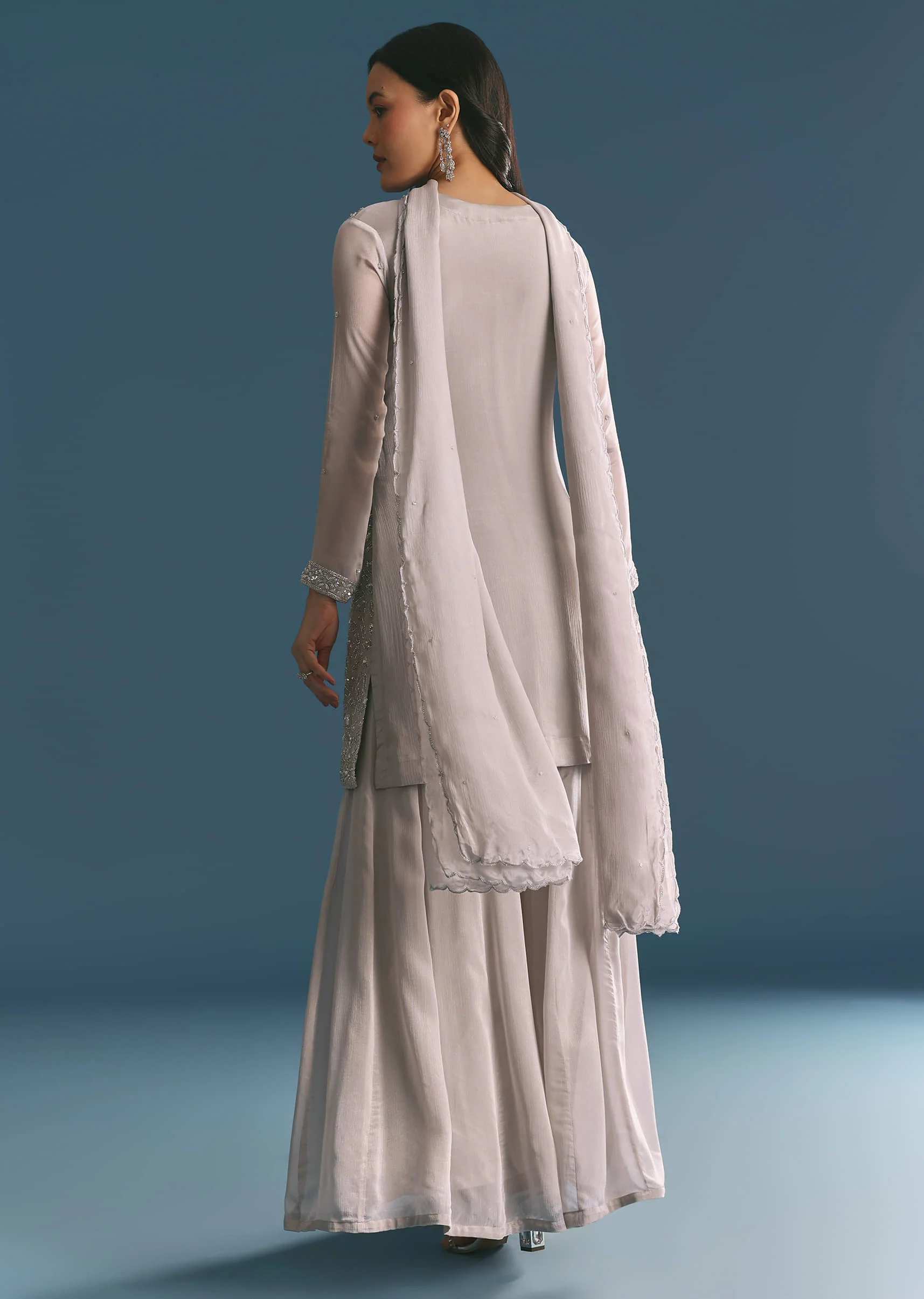 Grey Chinon Cutdana Sequin Embroidered Kurta Palazzo Suit - Image 5