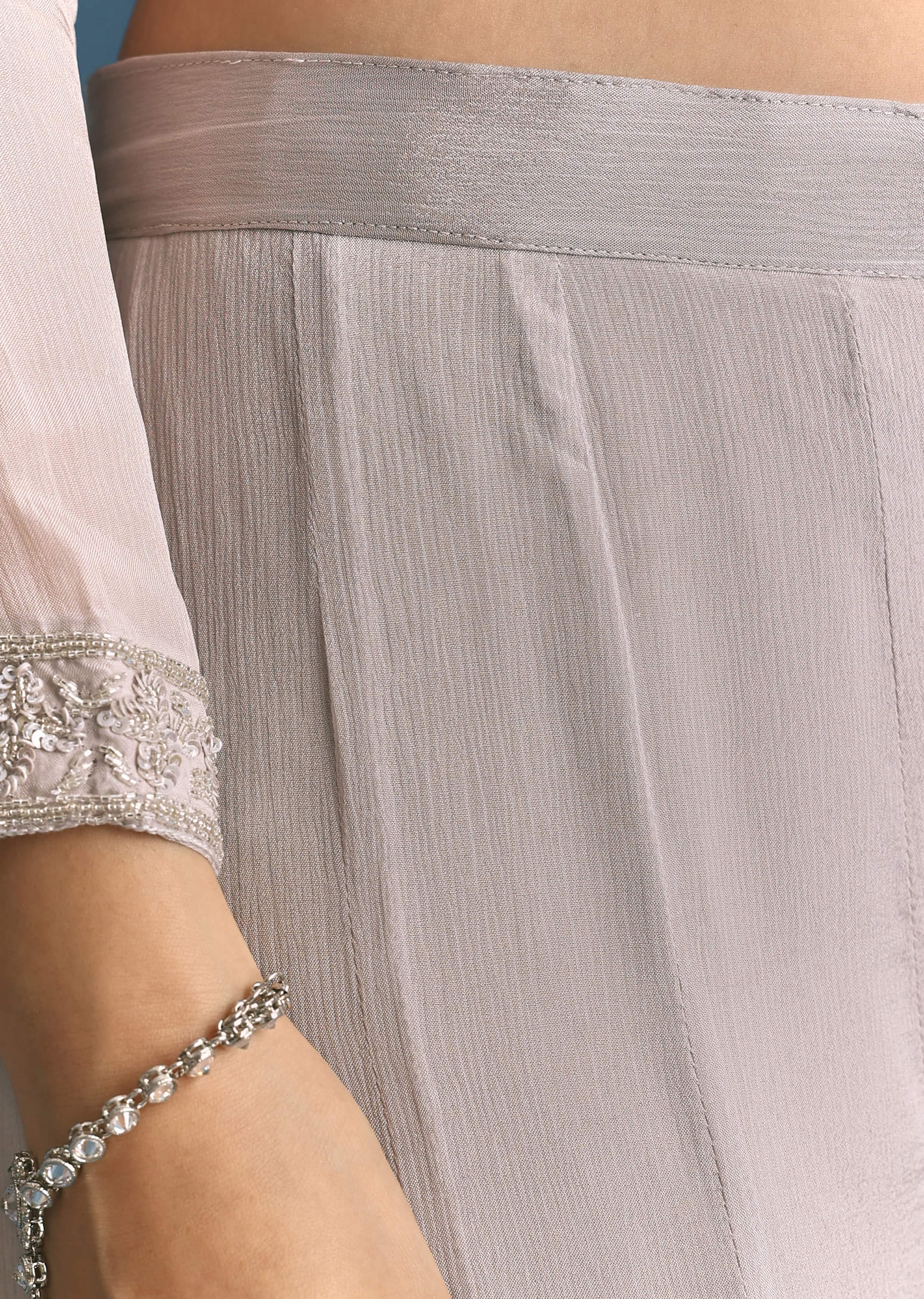 Grey Chinon Cutdana Sequin Embroidered Kurta Palazzo Suit - Image 6