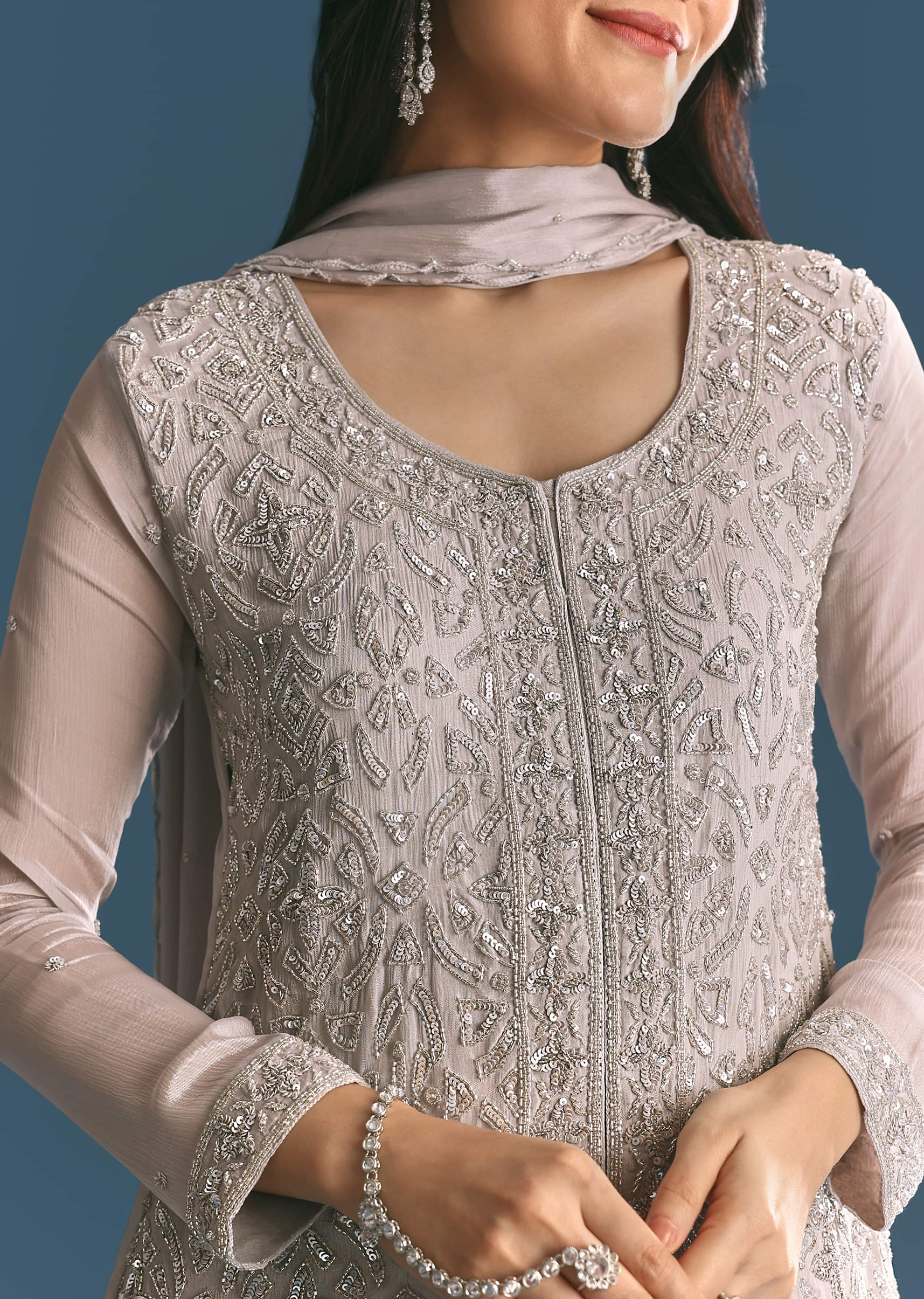 Grey Chinon Cutdana Sequin Embroidered Kurta Palazzo Suit - Image 7