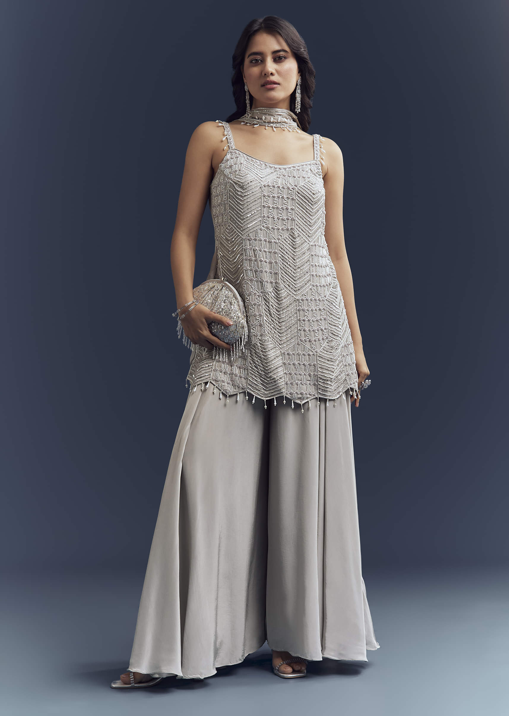 Grey Chinon Palazzo Suit With Cutdana And Moti Work