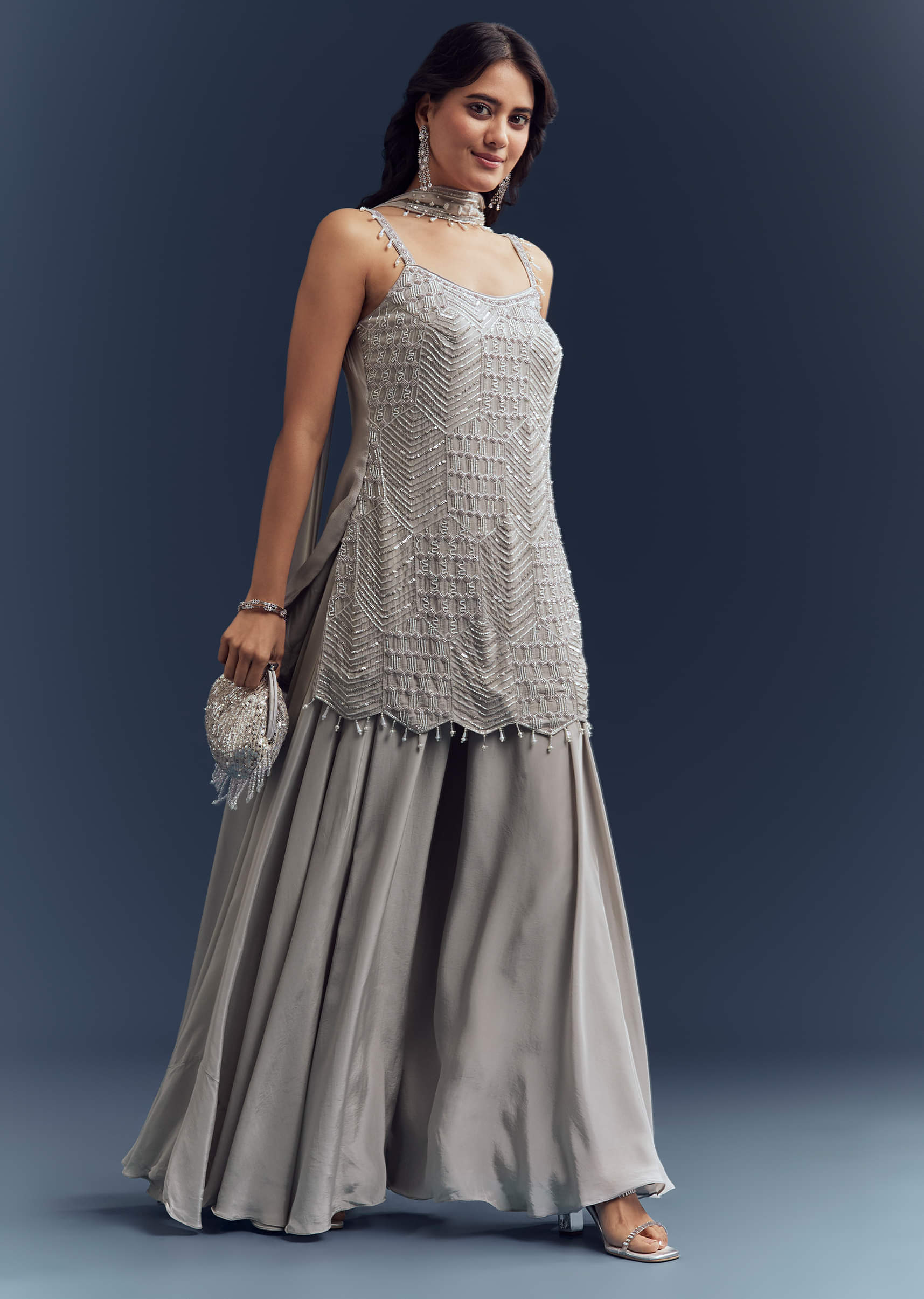 Grey Chinon Palazzo Suit With Cutdana And Moti Work - Image 4
